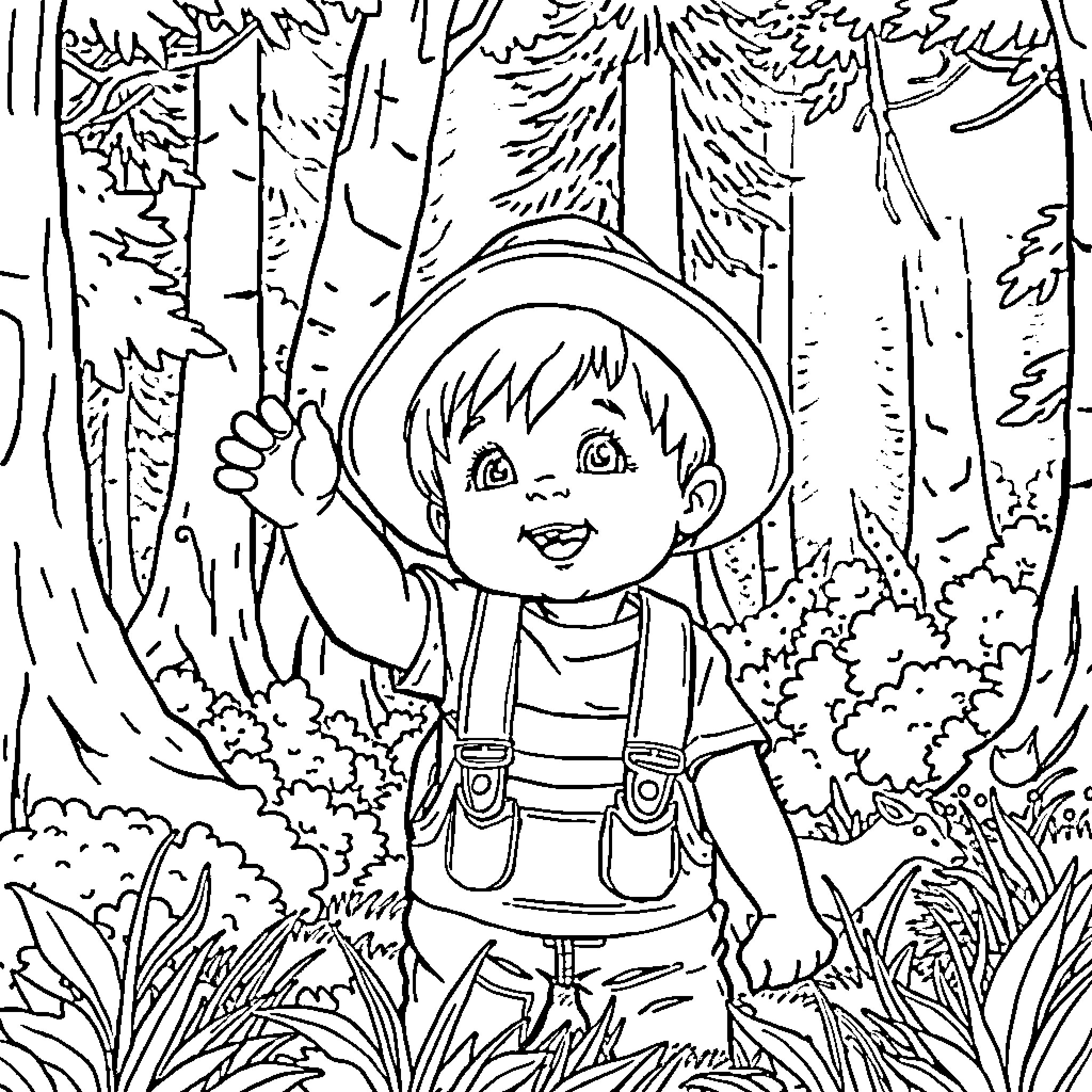 Baby Boy Exploring the Enchanting Forest Coloring Page (free black-and-white line drawing printable PDF for all, from beginners to advanced learners, including children, teens, adults, and seniors)