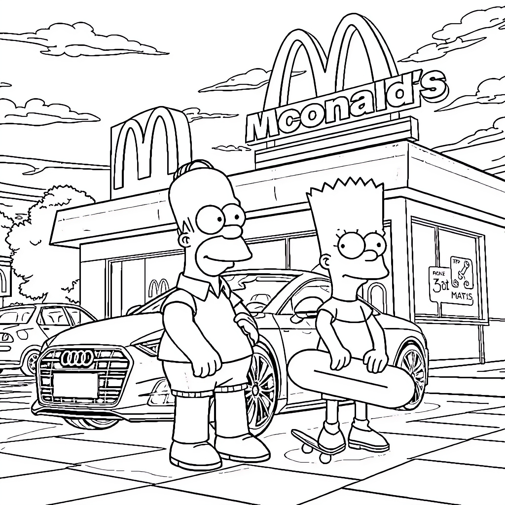 Simpsons family visit McDonald's restaurant Coloring Page (free black-and-white line drawing printable PDF for all, from beginners to advanced learners, including children, teens, adults, and seniors)