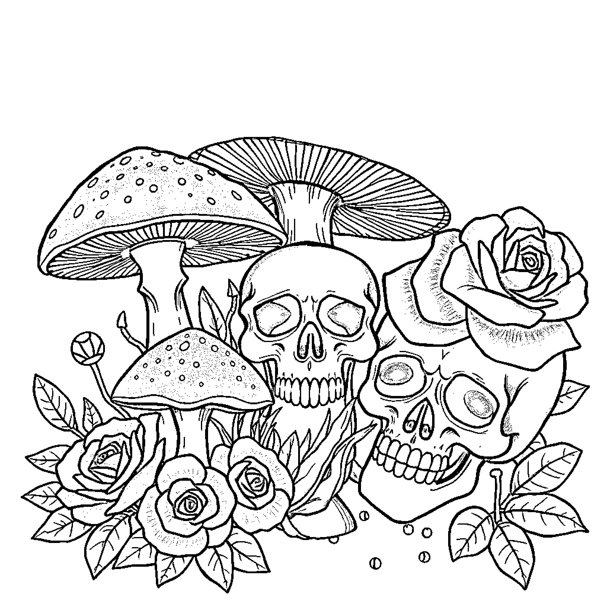 Mushroom Skulls and Flowers Coloring Page (free black-and-white line drawing printable PDF for all, from beginners to advanced learners, including children, teens, adults, and seniors)