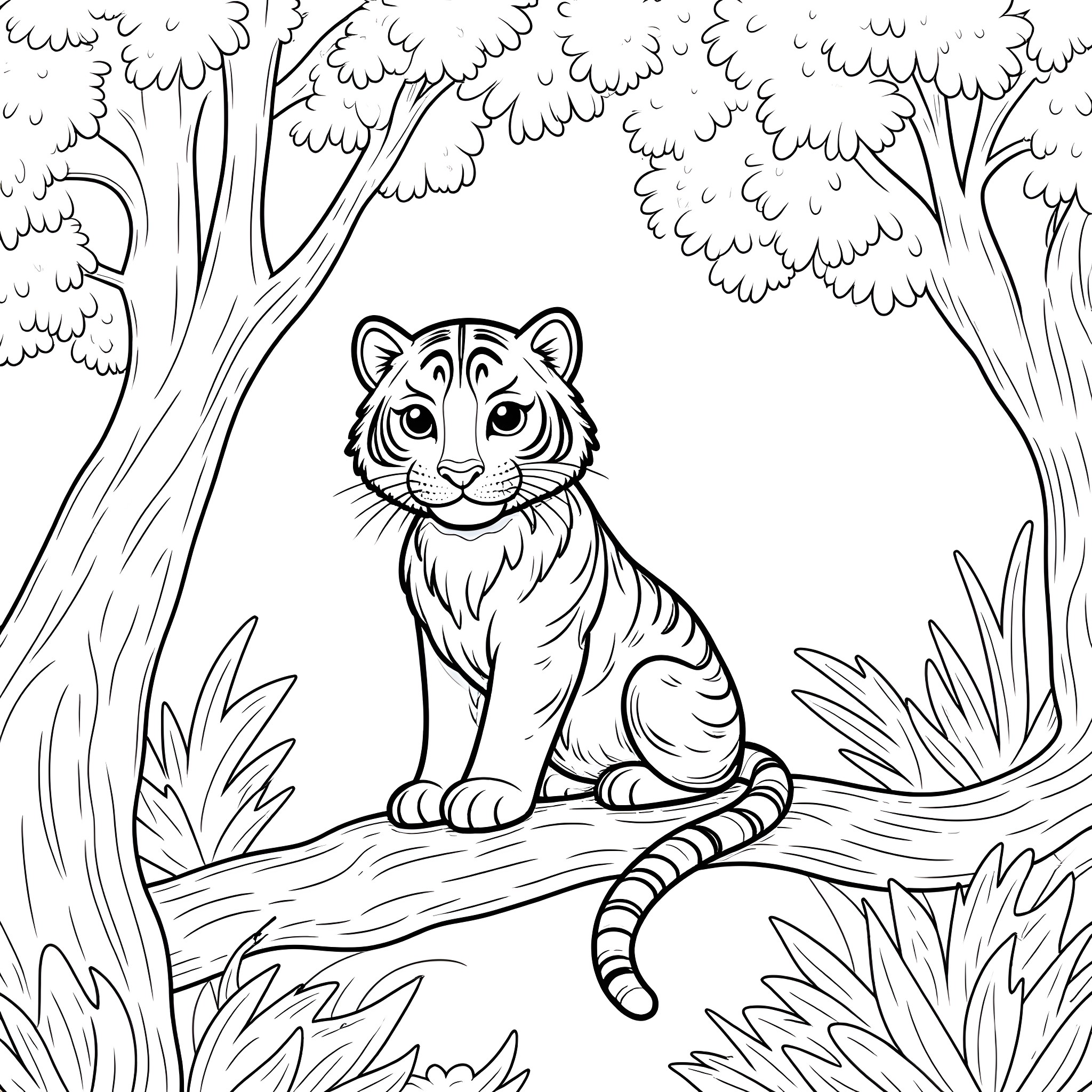 Tiger sitting alertly in the forest Coloring Page (free black-and-white line drawing printable PDF for all, from beginners to advanced learners, including children, teens, adults, and seniors)