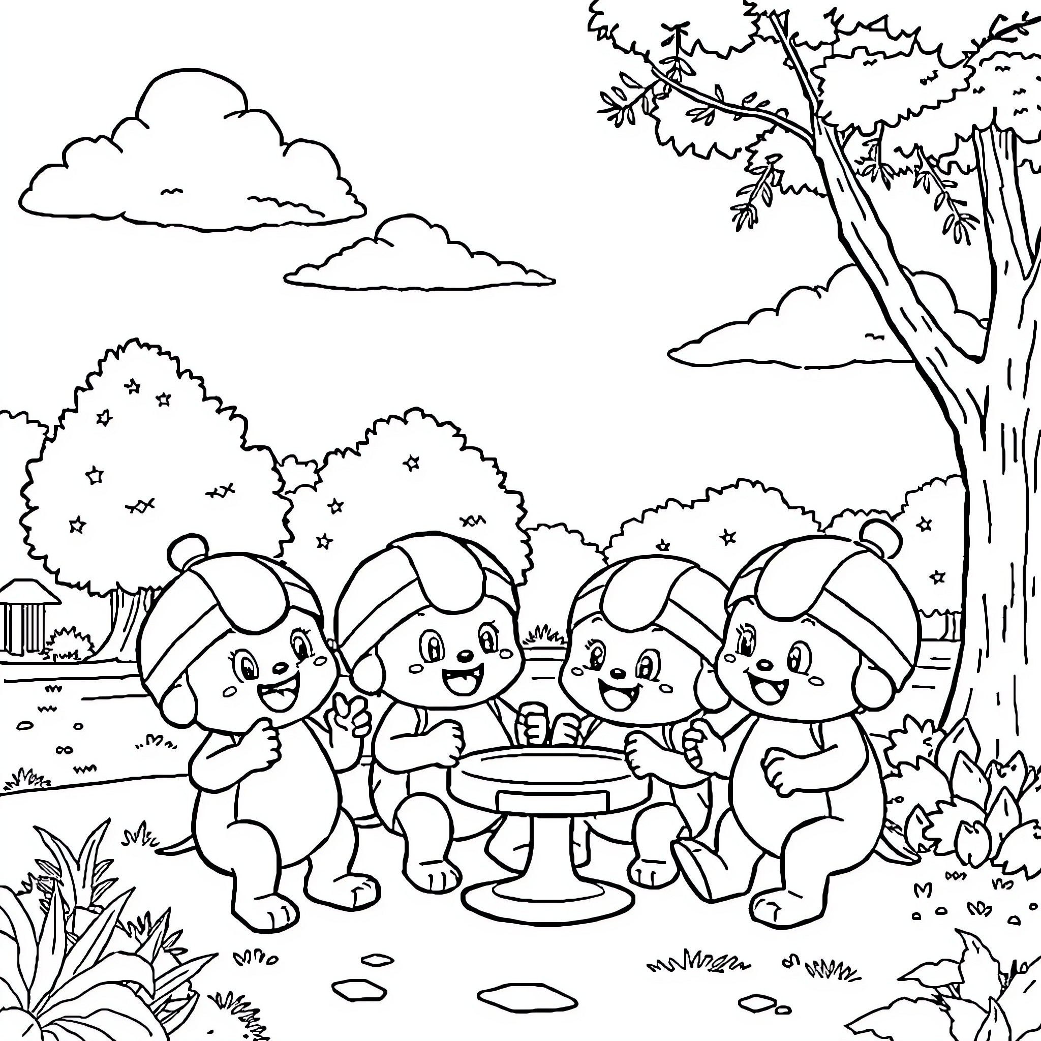 Labubu and Friends Enjoying Nature's Wonders Coloring Page (free black-and-white line drawing printable PDF for all, from beginners to advanced learners, including children, teens, adults, and seniors)