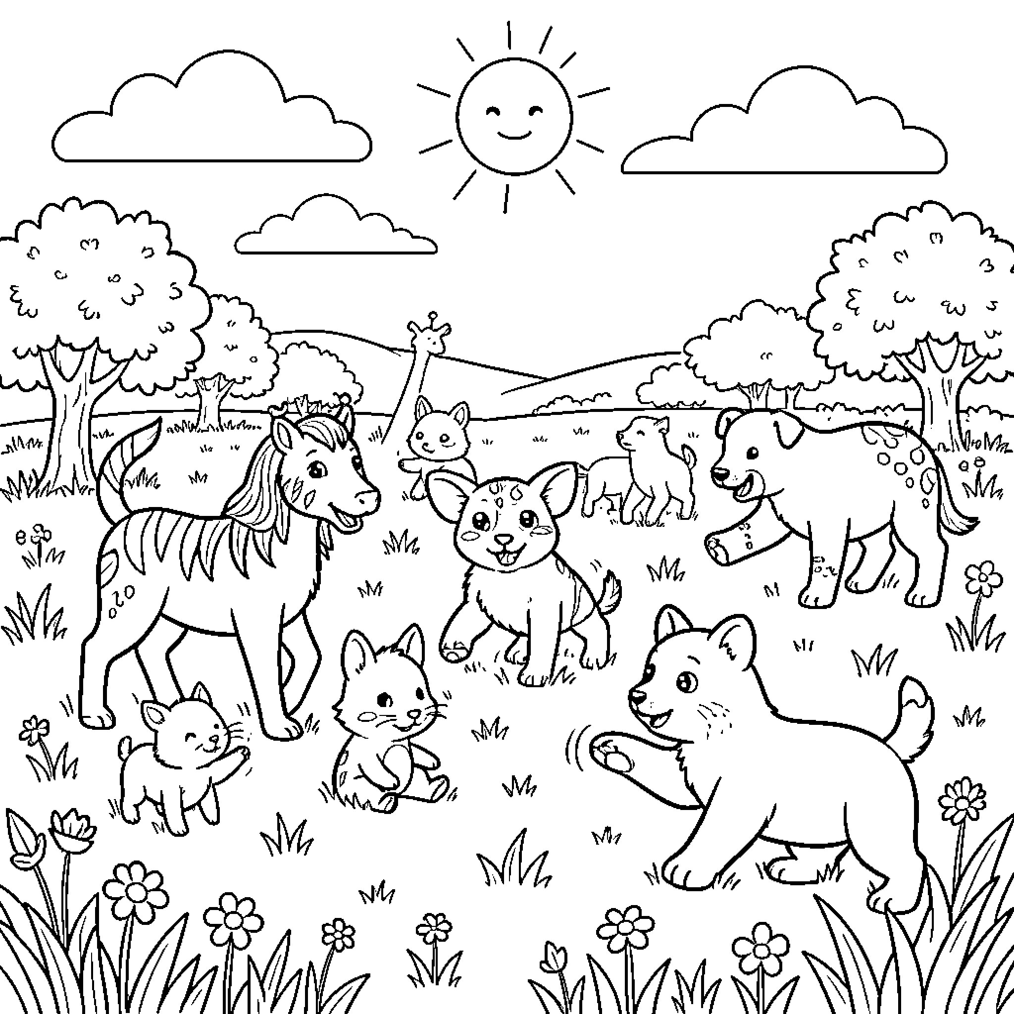 Animal Gathering in Scenic Outdoor Setting Coloring Page (free black-and-white line drawing printable PDF for all, from beginners to advanced learners, including children, teens, adults, and seniors)