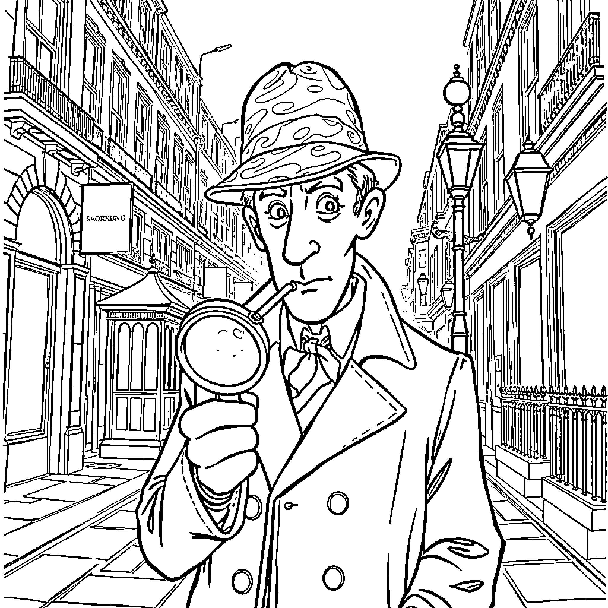 Sherlock Holmes Investigates the City Streets Coloring Page (free black-and-white line drawing printable PDF for all, from beginners to advanced learners, including children, teens, adults, and seniors)