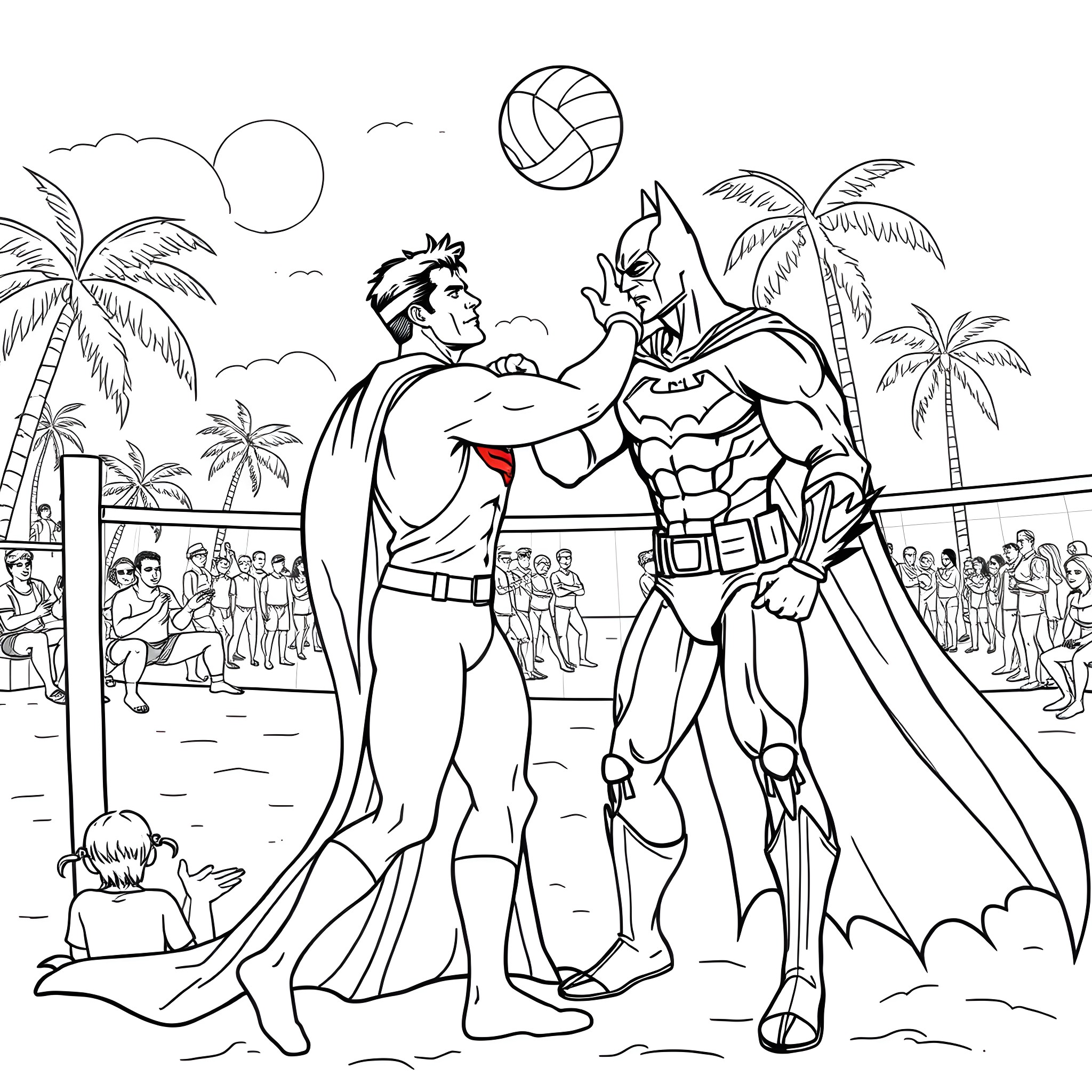Superman and Batman playing volleyball on the beach Coloring Page (free black-and-white line drawing printable PDF for all, from beginners to advanced learners, including children, teens, adults, and seniors)