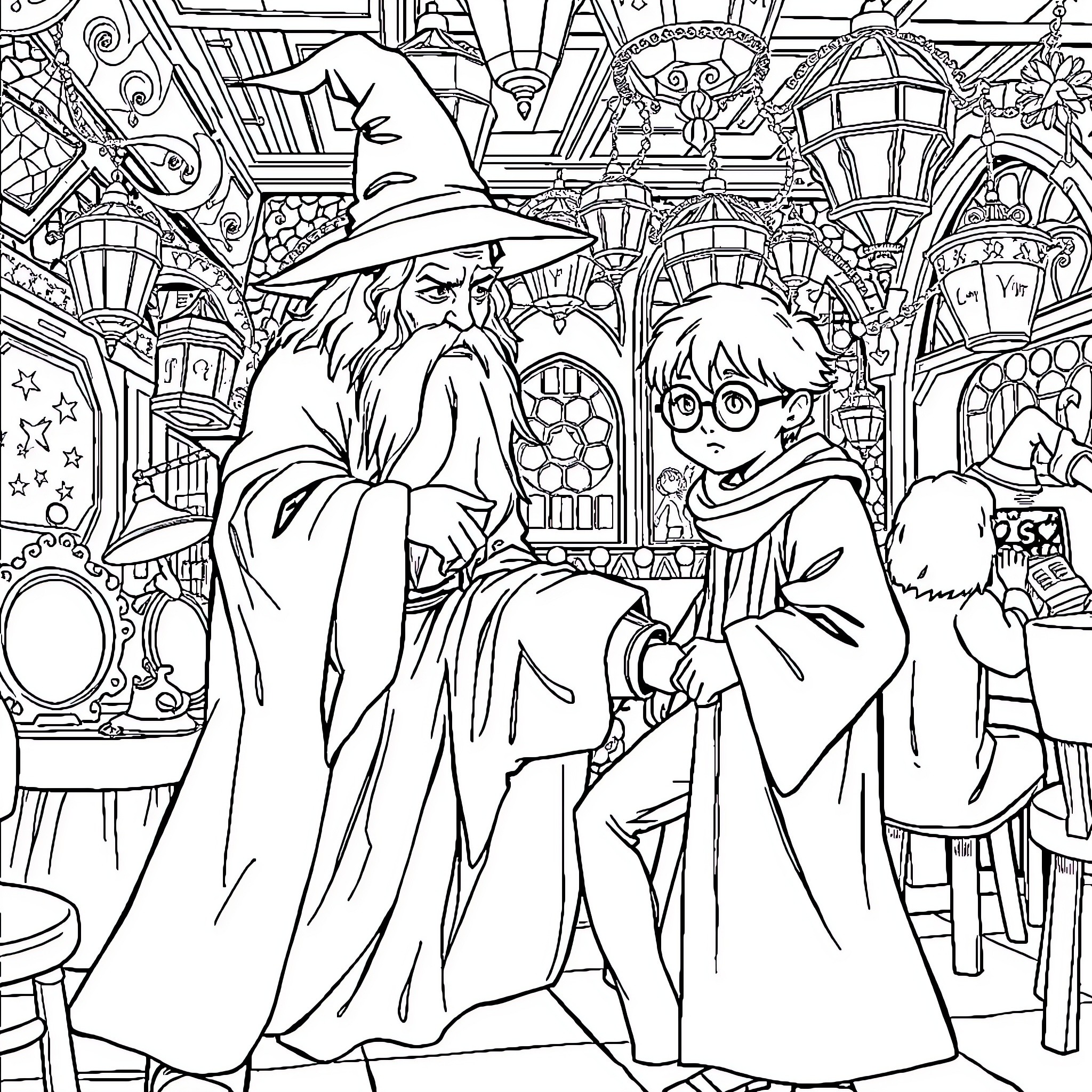 Gandalf and Harry Potter in Magical Encounter Coloring Page (free black-and-white line drawing printable PDF for all, from beginners to advanced learners, including children, teens, adults, and seniors)