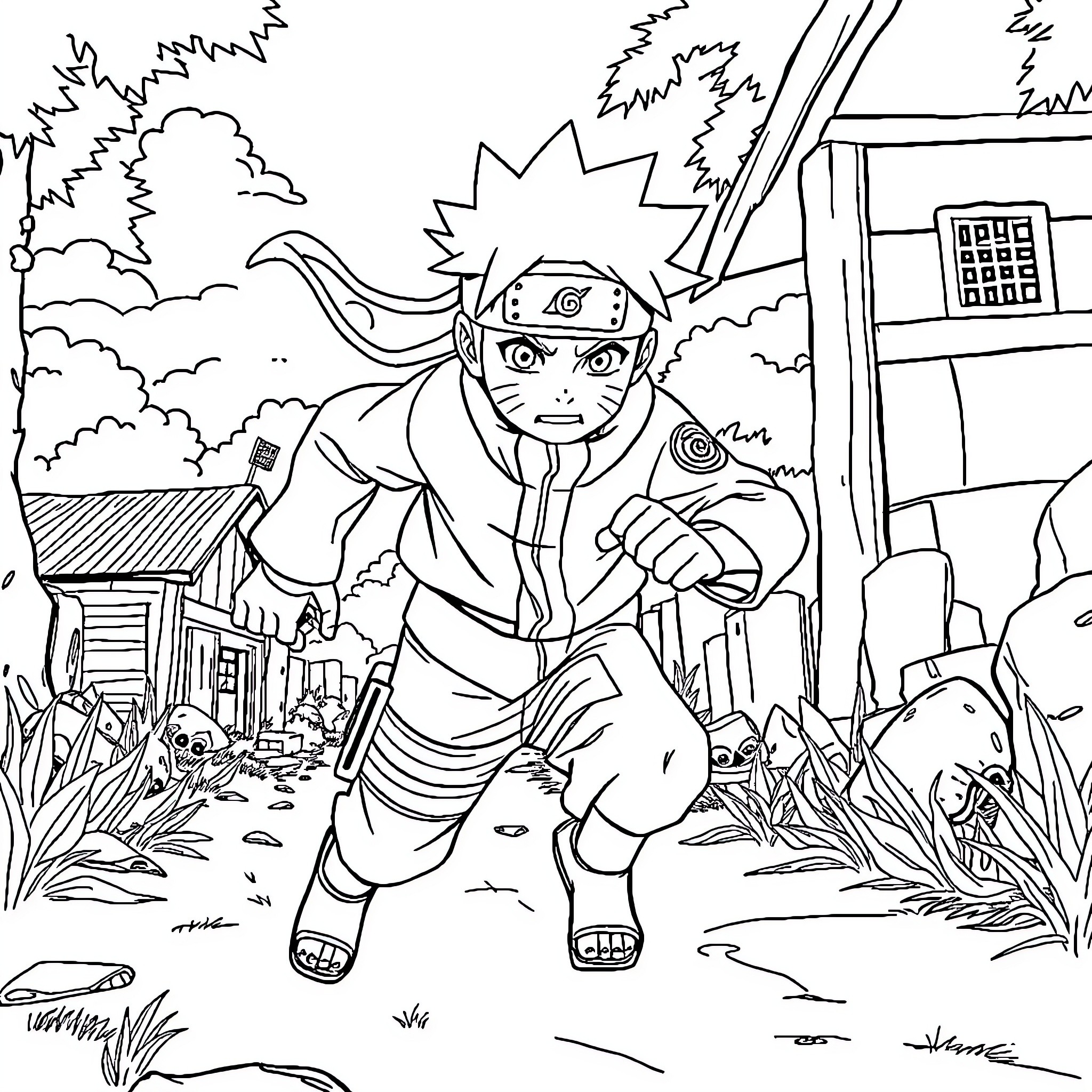 Naruto running excitedly through the village Coloring Page (free black-and-white line drawing printable PDF for all, from beginners to advanced learners, including children, teens, adults, and seniors)