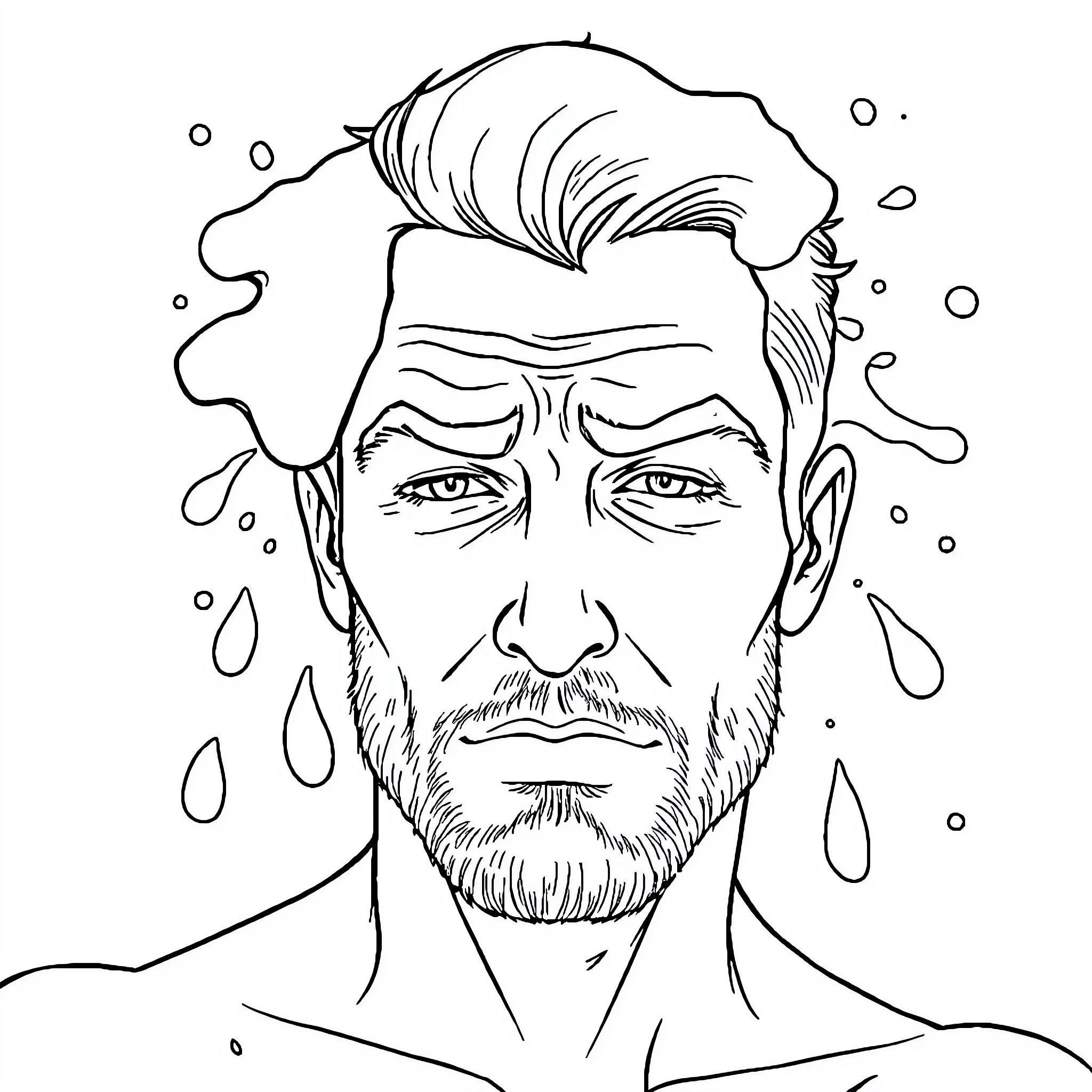 Man in Rainy Weather Coloring Page (free black-and-white line drawing printable PDF for all, from beginners to advanced learners, including children, teens, adults, and seniors)