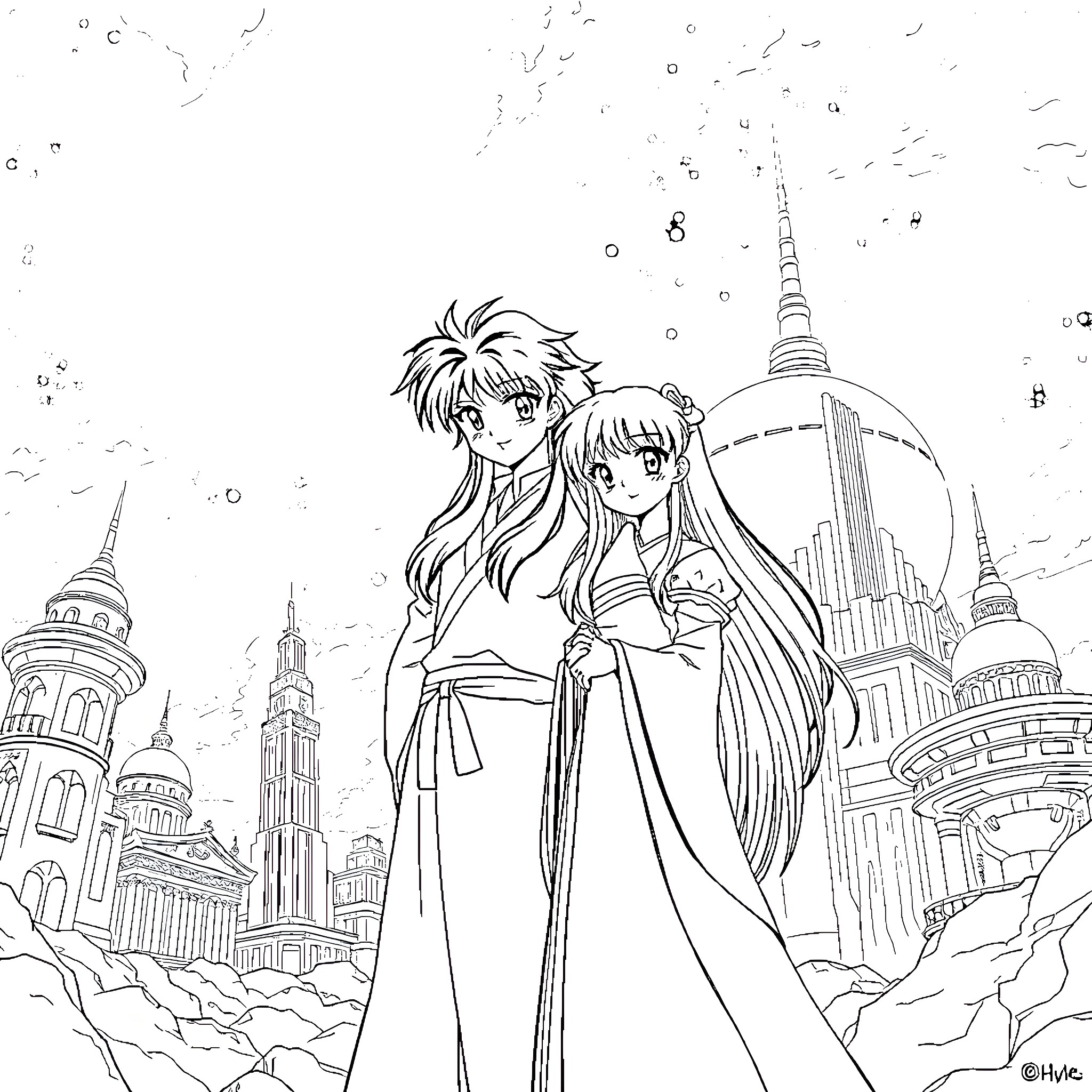 Inuyasha and Kagome in Feudal Japan Coloring Page (free black-and-white line drawing printable PDF for all, from beginners to advanced learners, including children, teens, adults, and seniors)