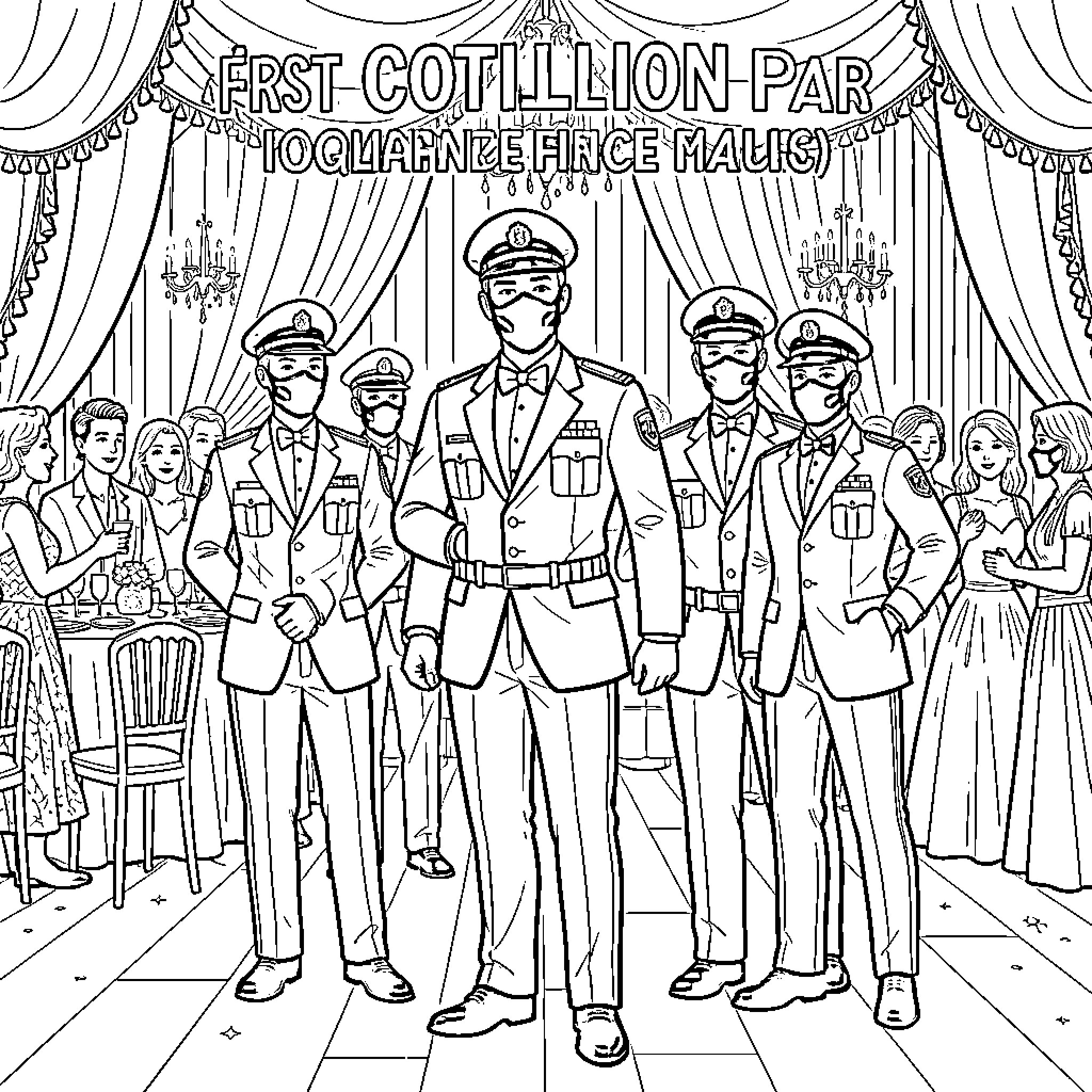 Ice Agent: First Cotillion Party for High-Ranking Military Officers Coloring Page (free black-and-white line drawing printable PDF for all, from beginners to advanced learners, including children, teens, adults, and seniors)