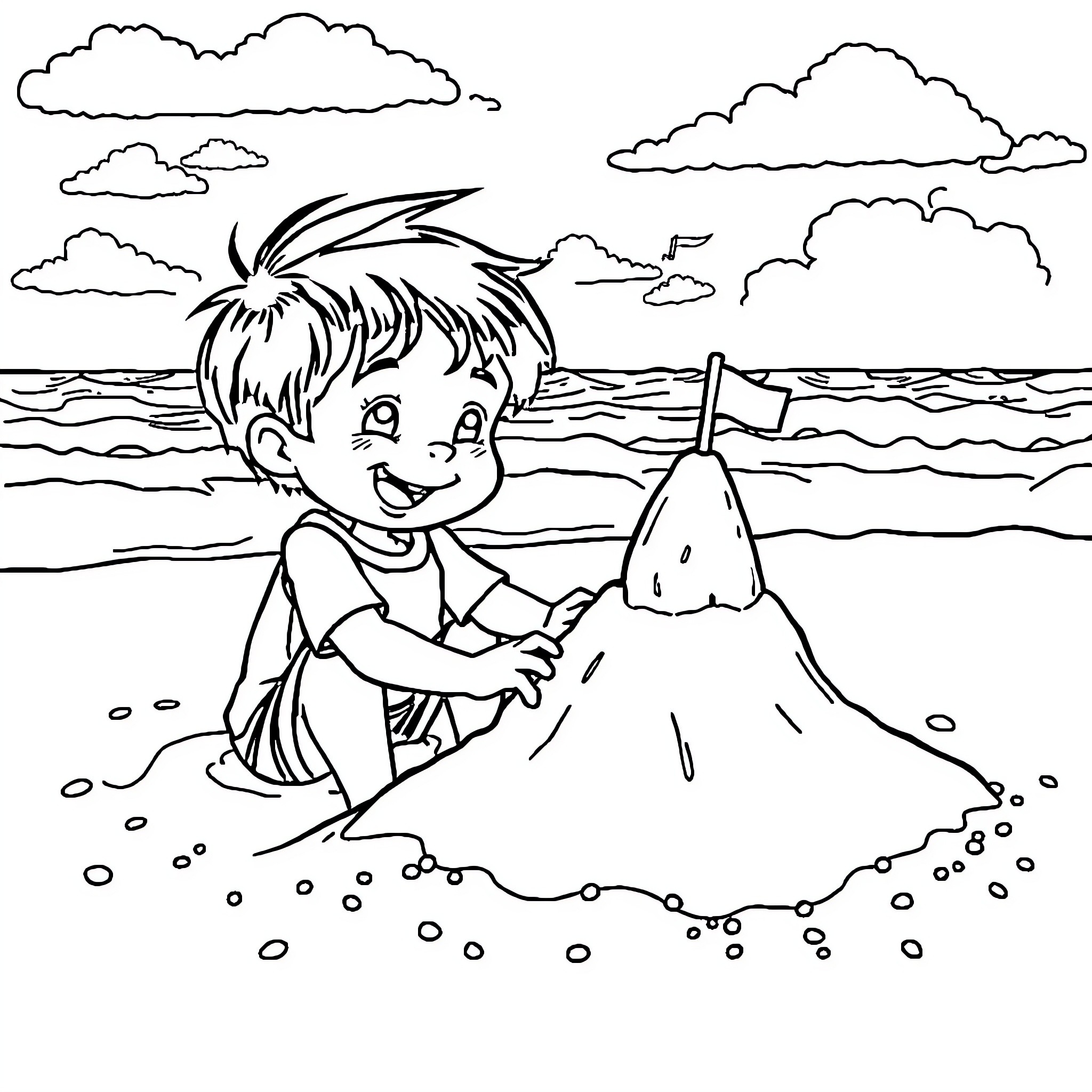 Boy playing happily on the beach Coloring Page (free black-and-white line drawing printable PDF for all, from beginners to advanced learners, including children, teens, adults, and seniors)