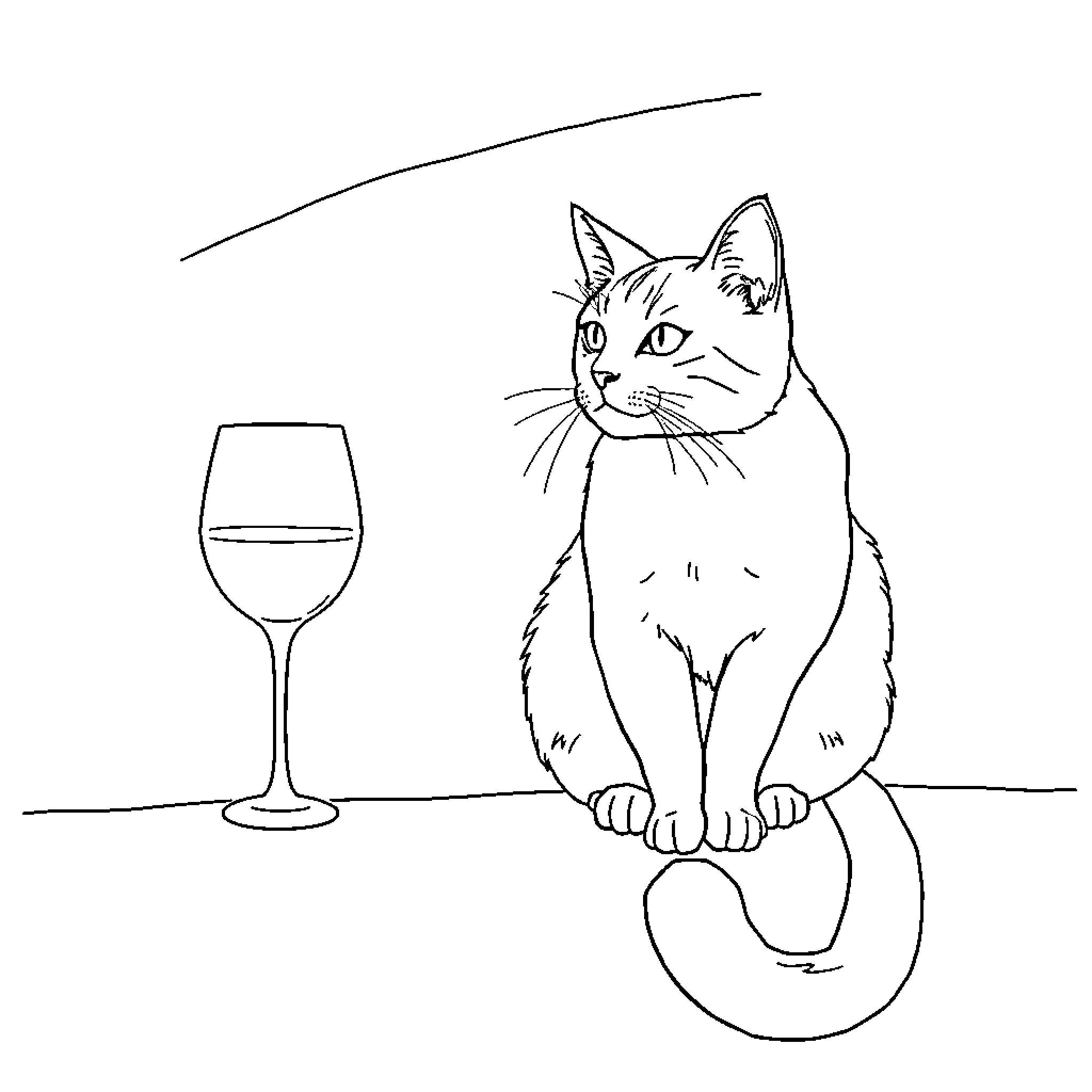 Cat contemplating glass of wine Coloring Page (free black-and-white line drawing printable PDF for all, from beginners to advanced learners, including children, teens, adults, and seniors)