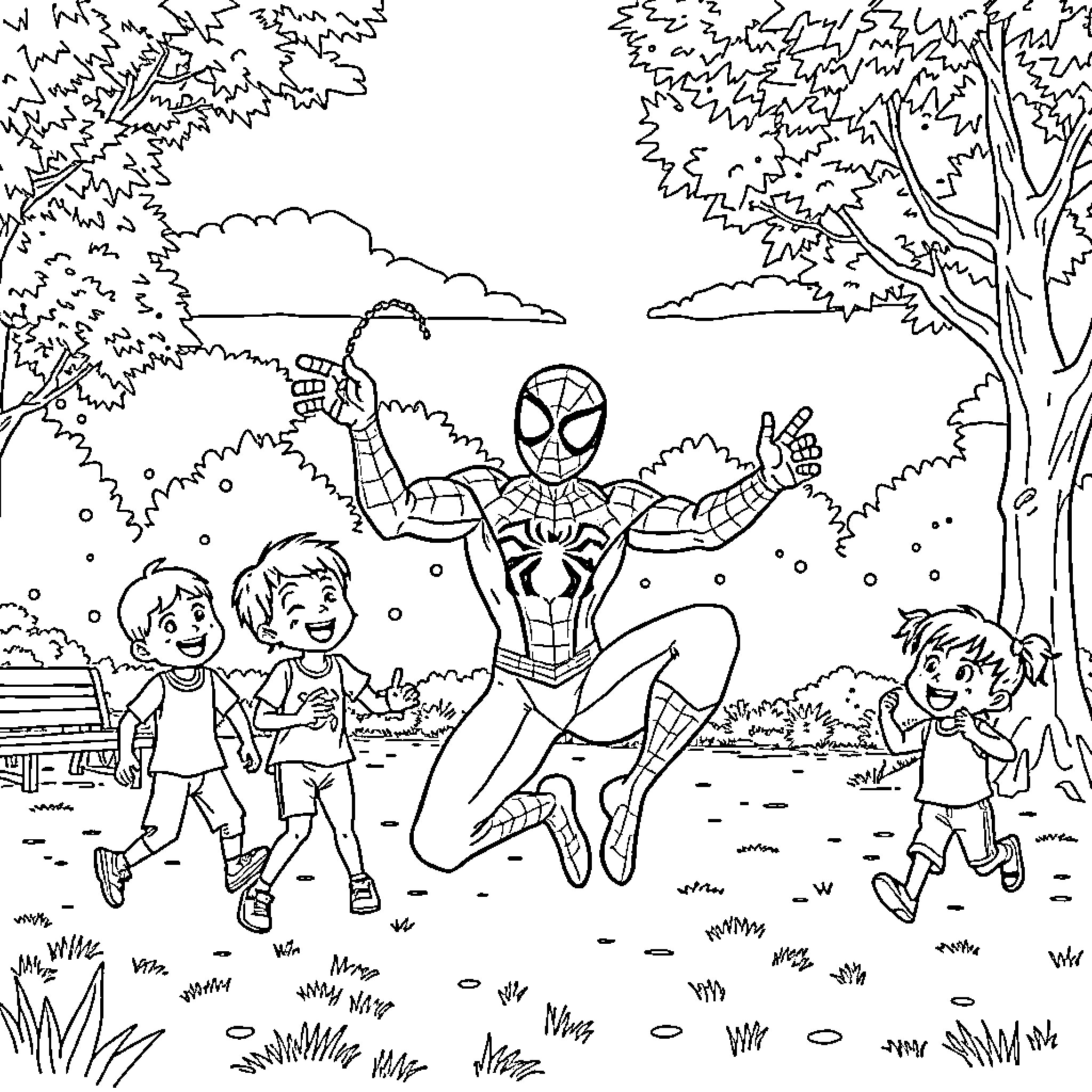 Spider-Man Saving Children in Outdoor Adventure Coloring Page (free black-and-white line drawing printable PDF for all, from beginners to advanced learners, including children, teens, adults, and seniors)
