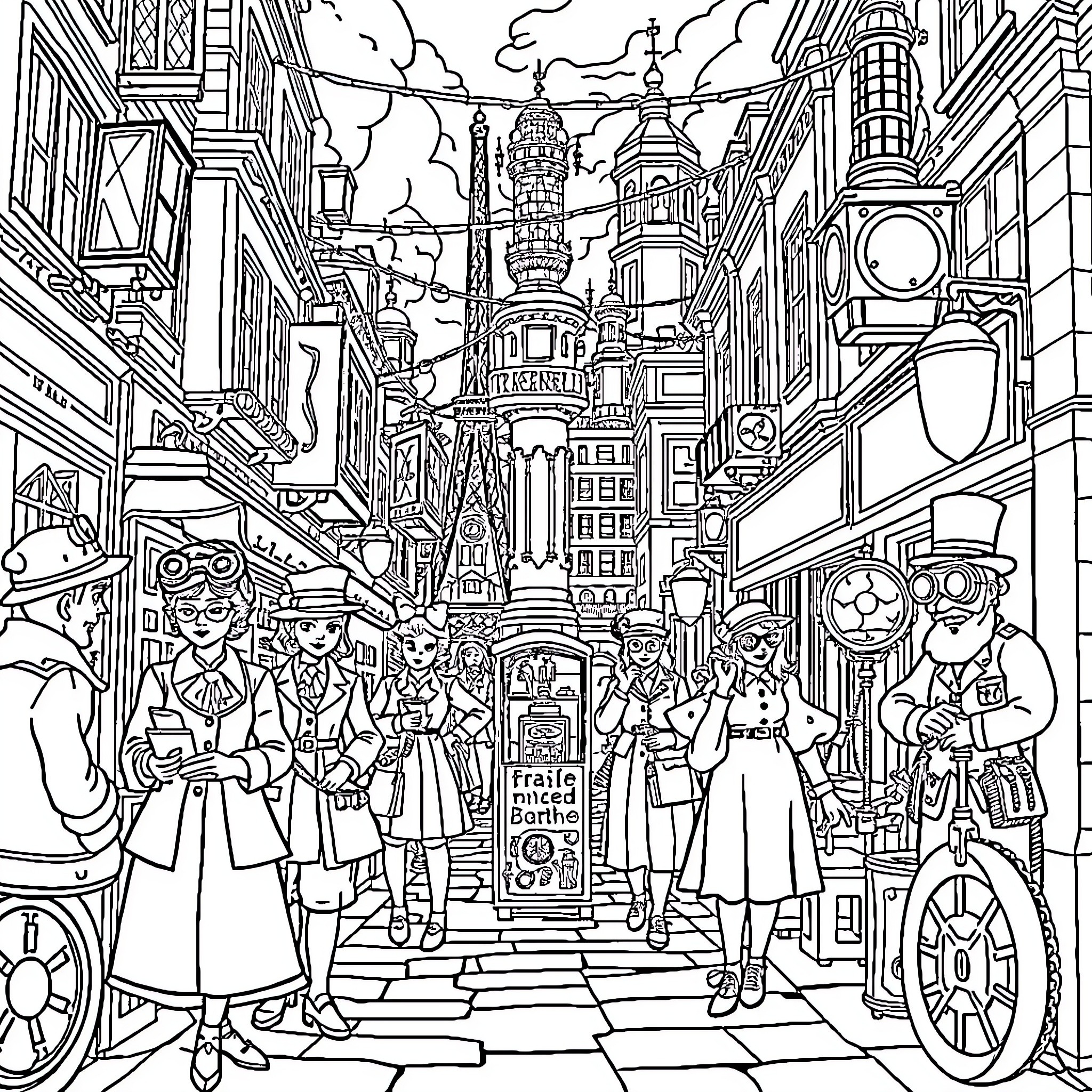Character Exploring Bustling City Street with Unique Architecture Coloring Page (free black-and-white line drawing printable PDF for all, from beginners to advanced learners, including children, teens, adults, and seniors)