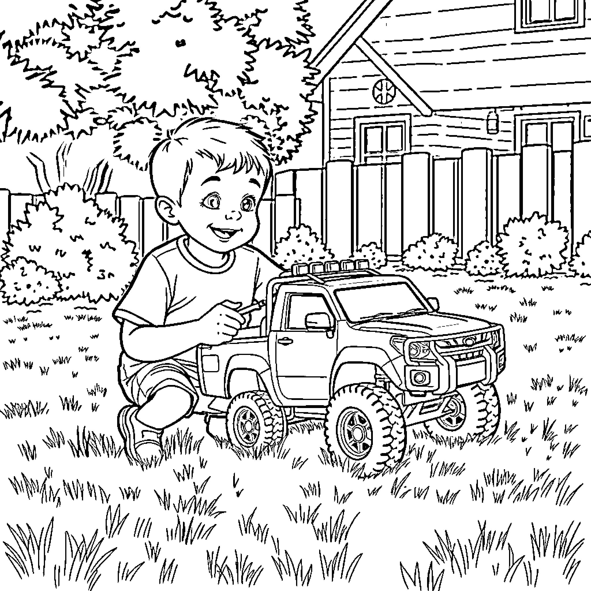 Boy playing happily with toy truck in the yard Coloring Page (free black-and-white line drawing printable PDF for all, from beginners to advanced learners, including children, teens, adults, and seniors)