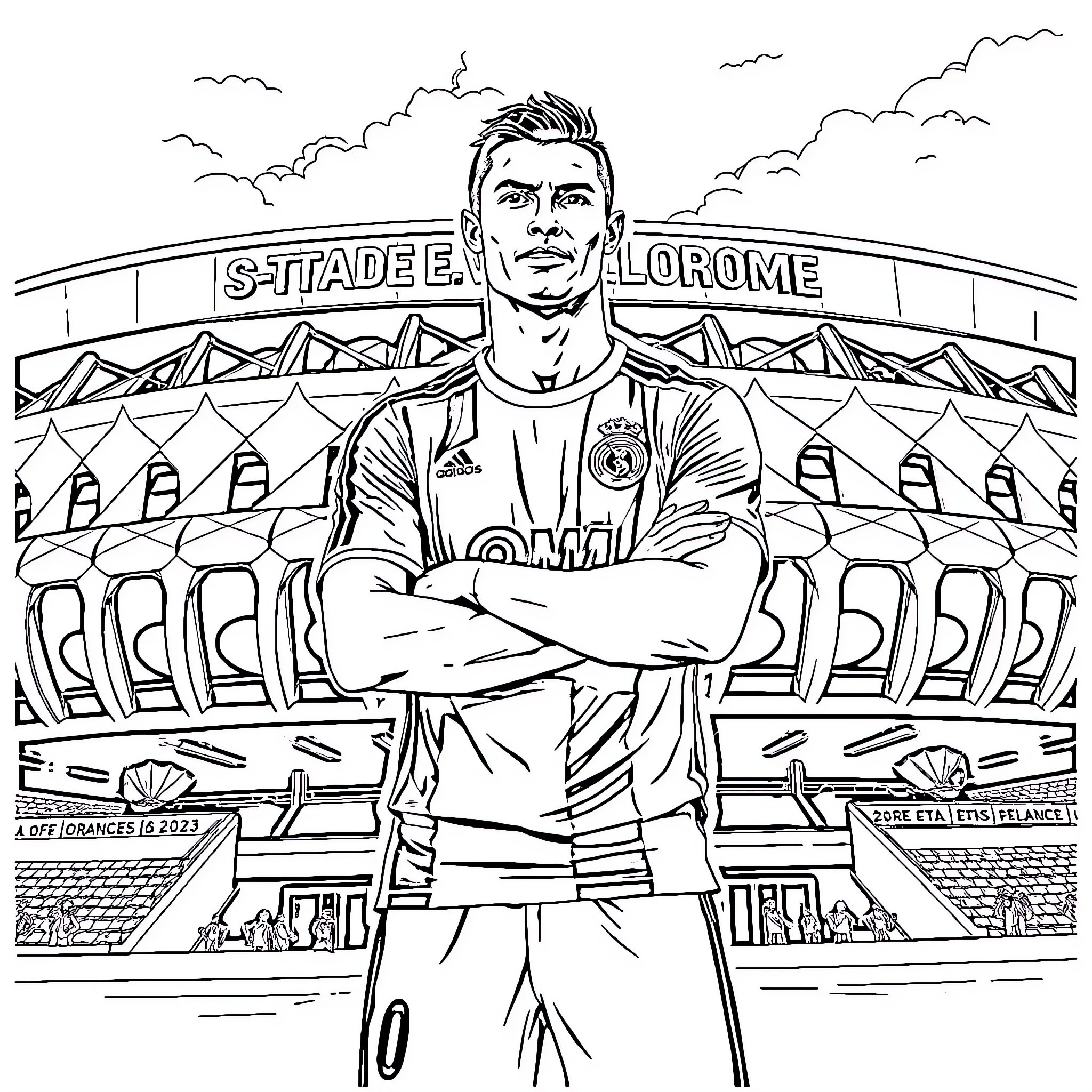 Cristiano Ronaldo standing confidently in a soccer stadium Coloring Page (free black-and-white line drawing printable PDF for all, from beginners to advanced learners, including children, teens, adults, and seniors)