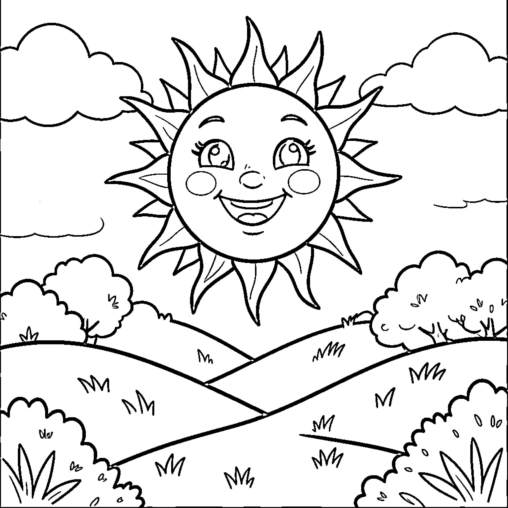 Sun beaming with joy over a scenic landscape Coloring Page (free black-and-white line drawing printable PDF for all, from beginners to advanced learners, including children, teens, adults, and seniors)