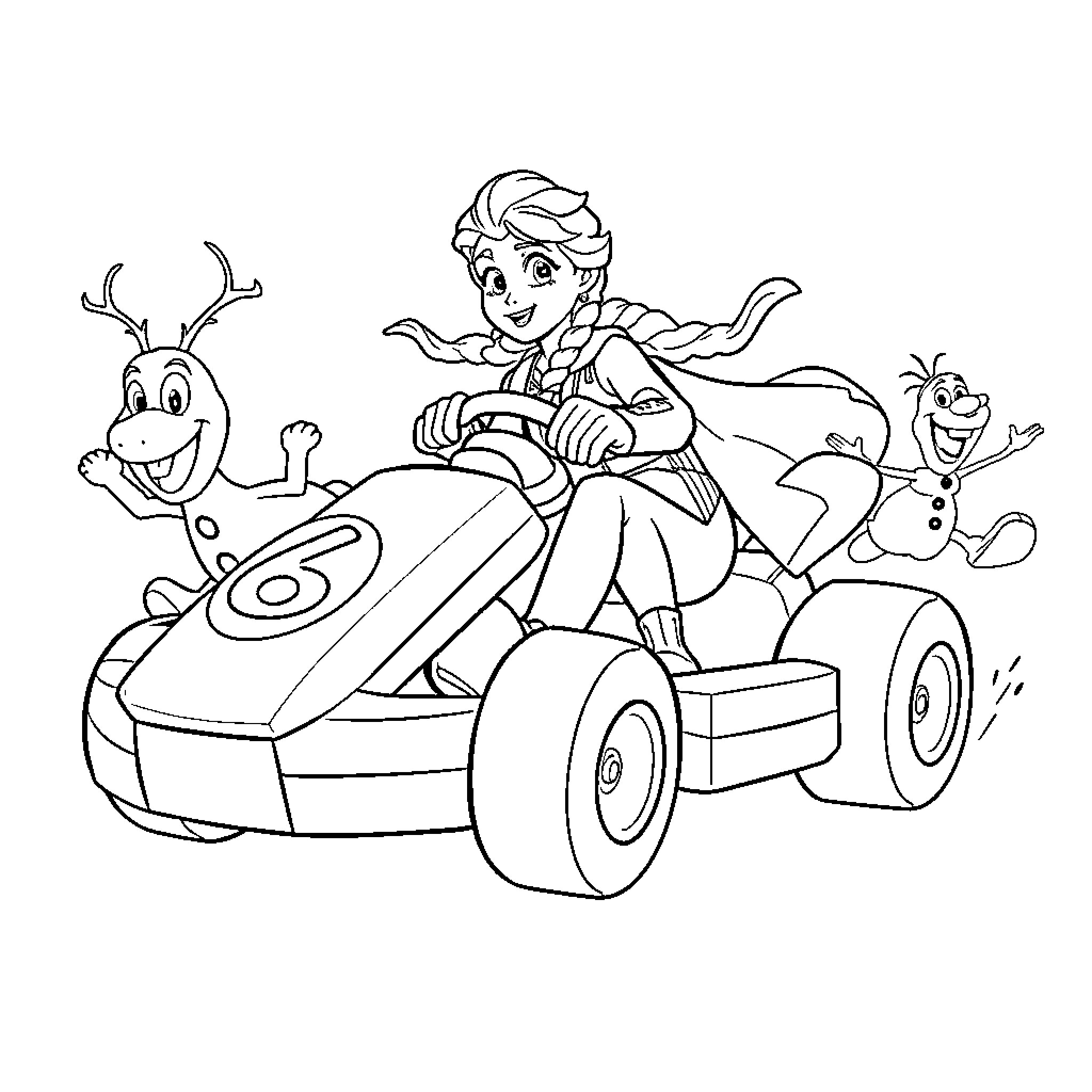 Elsa's Whimsical Ride with Olaf and Sven Coloring Page (free black-and-white line drawing printable PDF for all, from beginners to advanced learners, including children, teens, adults, and seniors)