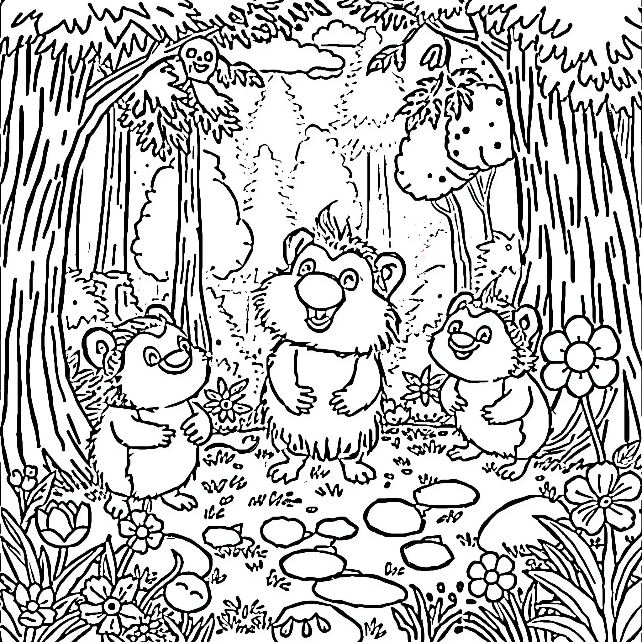 Grizzy and Friends Explore the Enchanted Forest Coloring Page (free black-and-white line drawing printable PDF for all, from beginners to advanced learners, including children, teens, adults, and seniors)