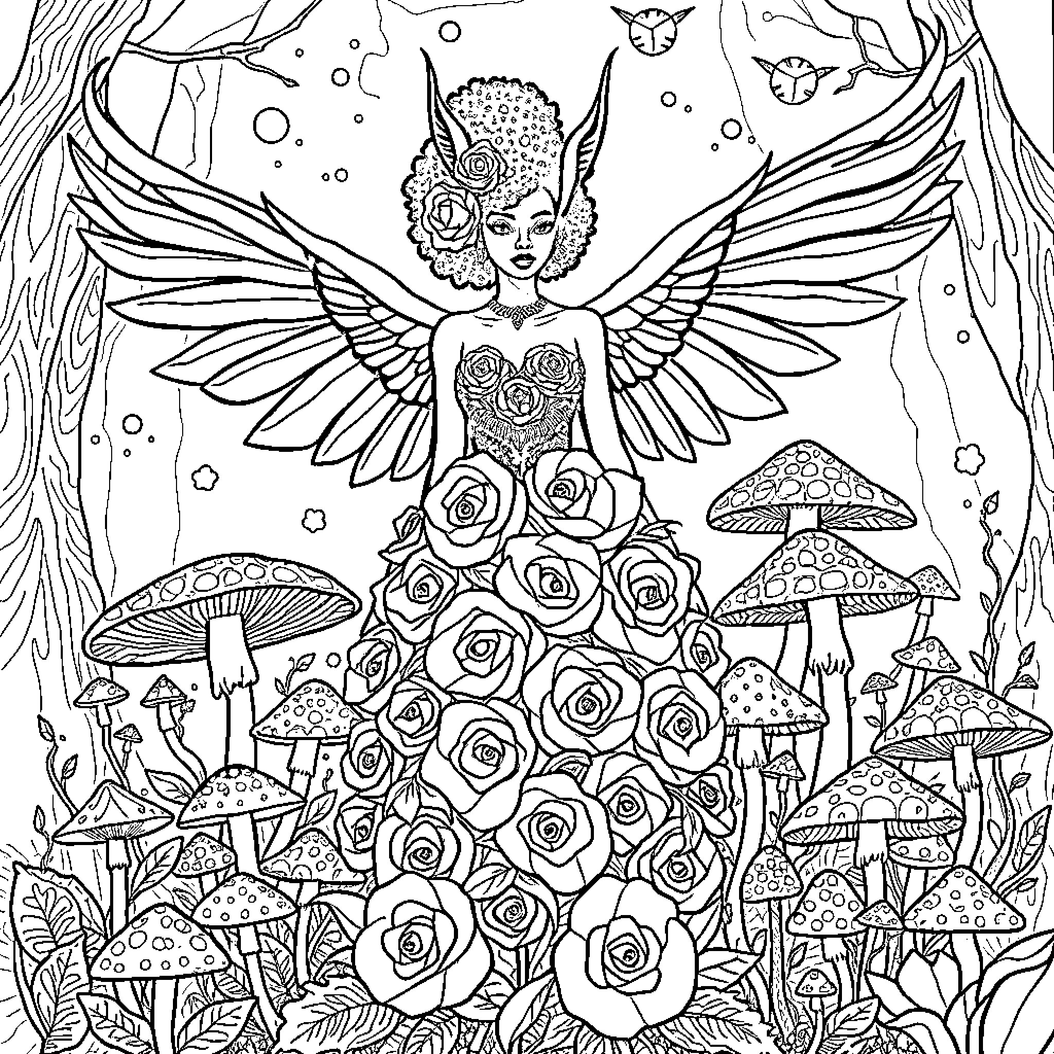 Woman with angelic wings and floral dress in enchanted forest Coloring Page (free black-and-white line drawing printable PDF for all, from beginners to advanced learners, including children, teens, adults, and seniors)