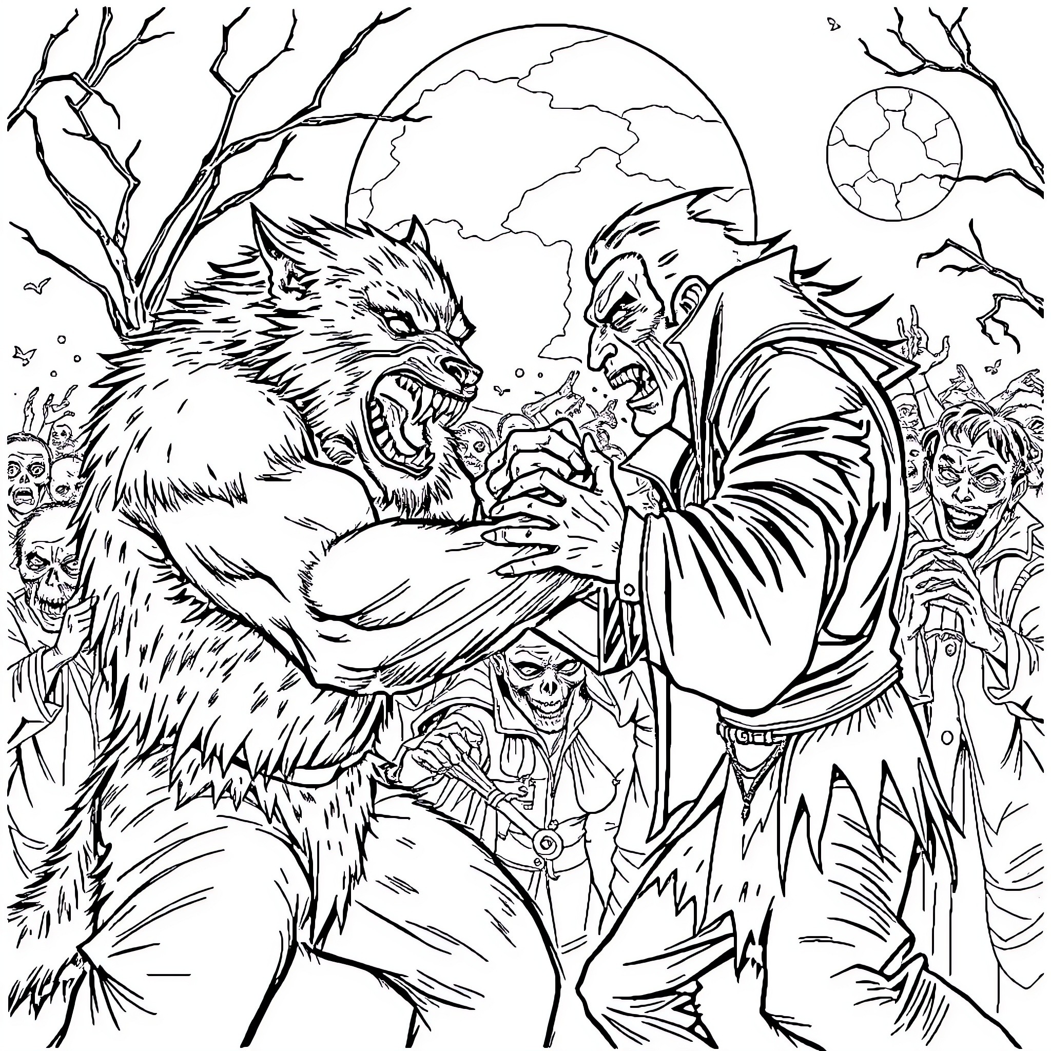 Werewolf confronting the vampire in a haunting scene Coloring Page (free black-and-white line drawing printable PDF for all, from beginners to advanced learners, including children, teens, adults, and seniors)