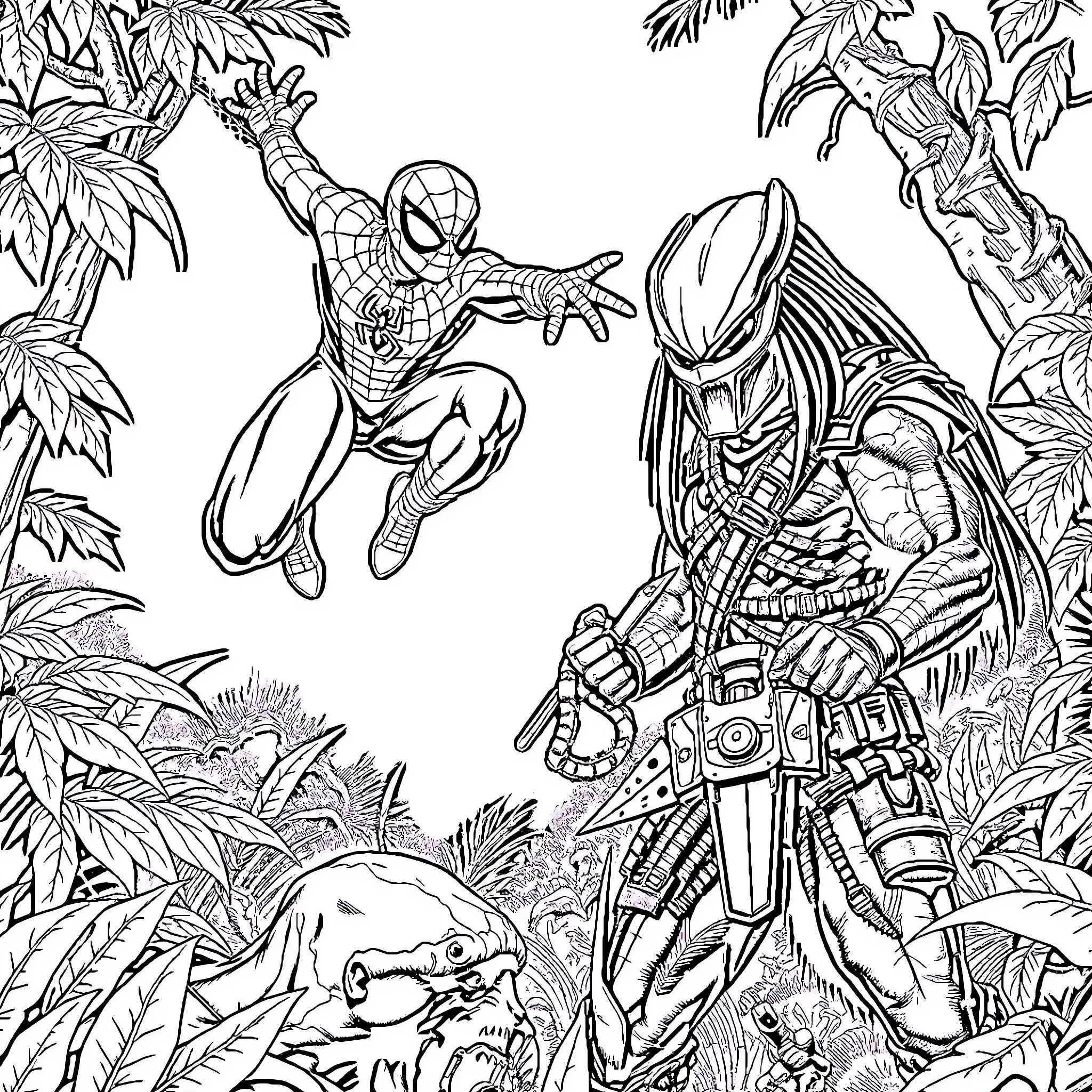 Spiderman and Predator battle in the jungle Coloring Page (free black-and-white line drawing printable PDF for all, from beginners to advanced learners, including children, teens, adults, and seniors)
