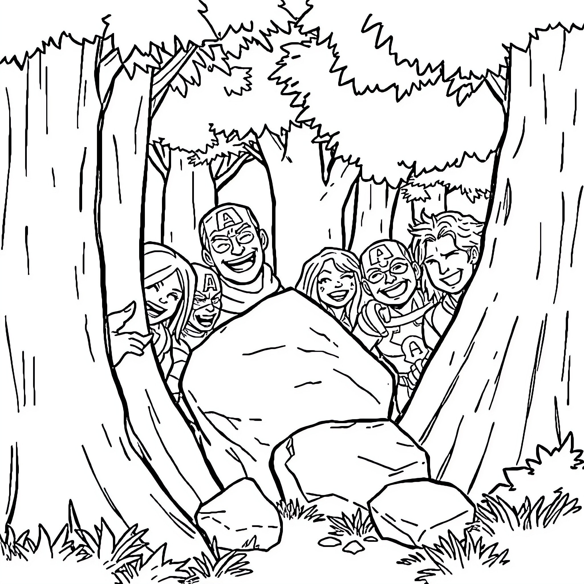 Avengers Assemble in Enchanted Forest Coloring Page (free black-and-white line drawing printable PDF for all, from beginners to advanced learners, including children, teens, adults, and seniors)