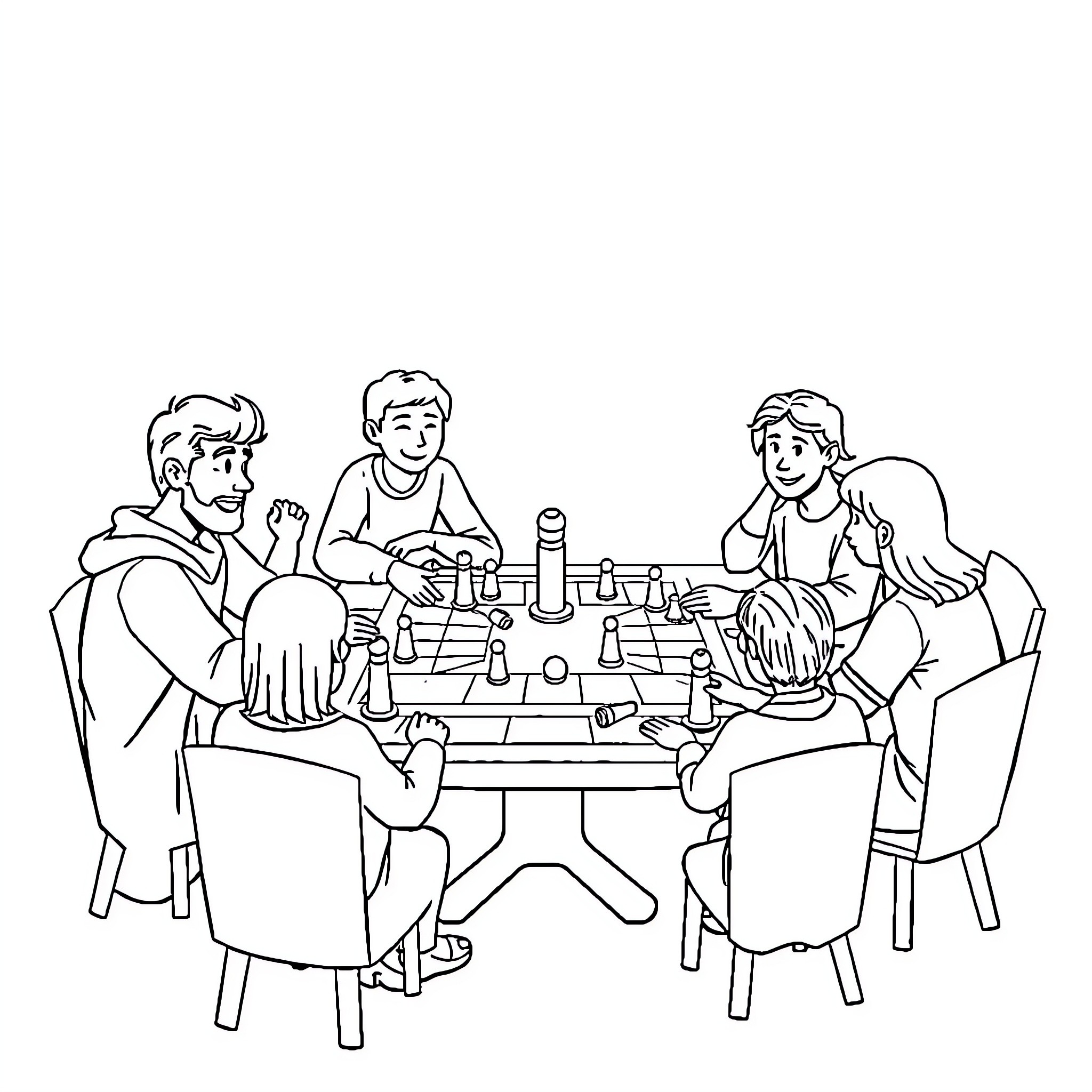 Board Game Friends Enjoying Game Together Coloring Page (free black-and-white line drawing printable PDF for all, from beginners to advanced learners, including children, teens, adults, and seniors)