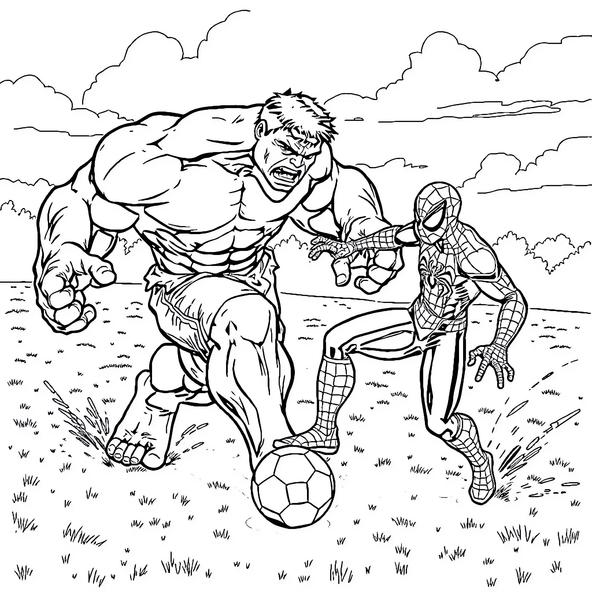 Hulk Battles Spider-Man in an Outdoor Setting Coloring Page (free black-and-white line drawing printable PDF for all, from beginners to advanced learners, including children, teens, adults, and seniors)