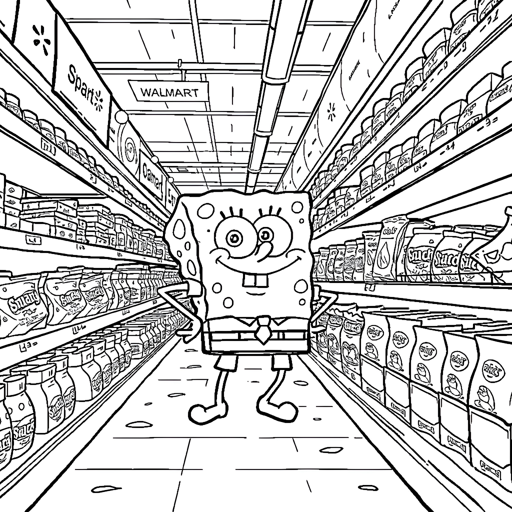 Spongebob's Silly Shopping Spree at Walmart Coloring Page (free black-and-white line drawing printable PDF for all, from beginners to advanced learners, including children, teens, adults, and seniors)