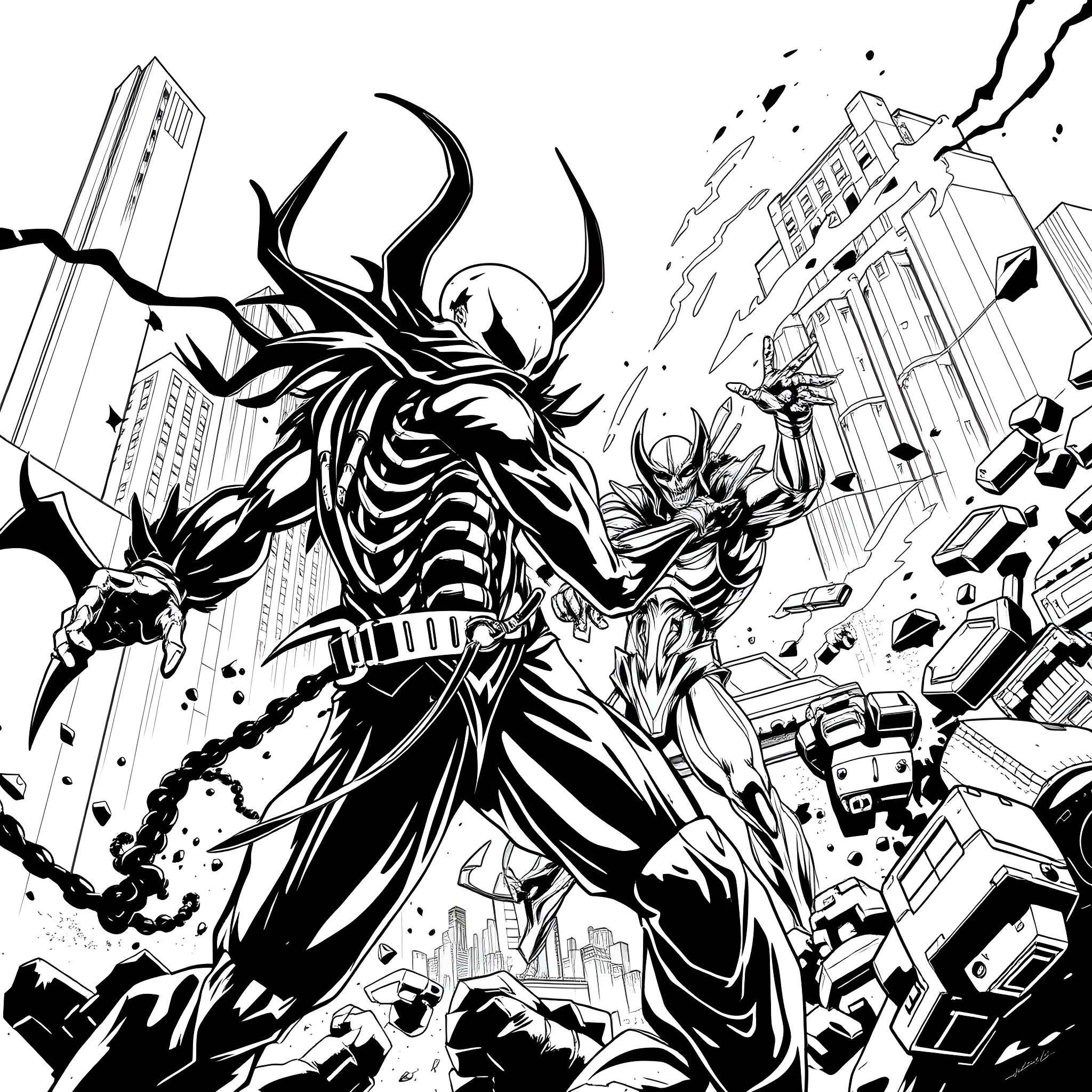 Spawn Unleashing Chaos in the City Coloring Page (free black-and-white line drawing printable PDF for all, from beginners to advanced learners, including children, teens, adults, and seniors)