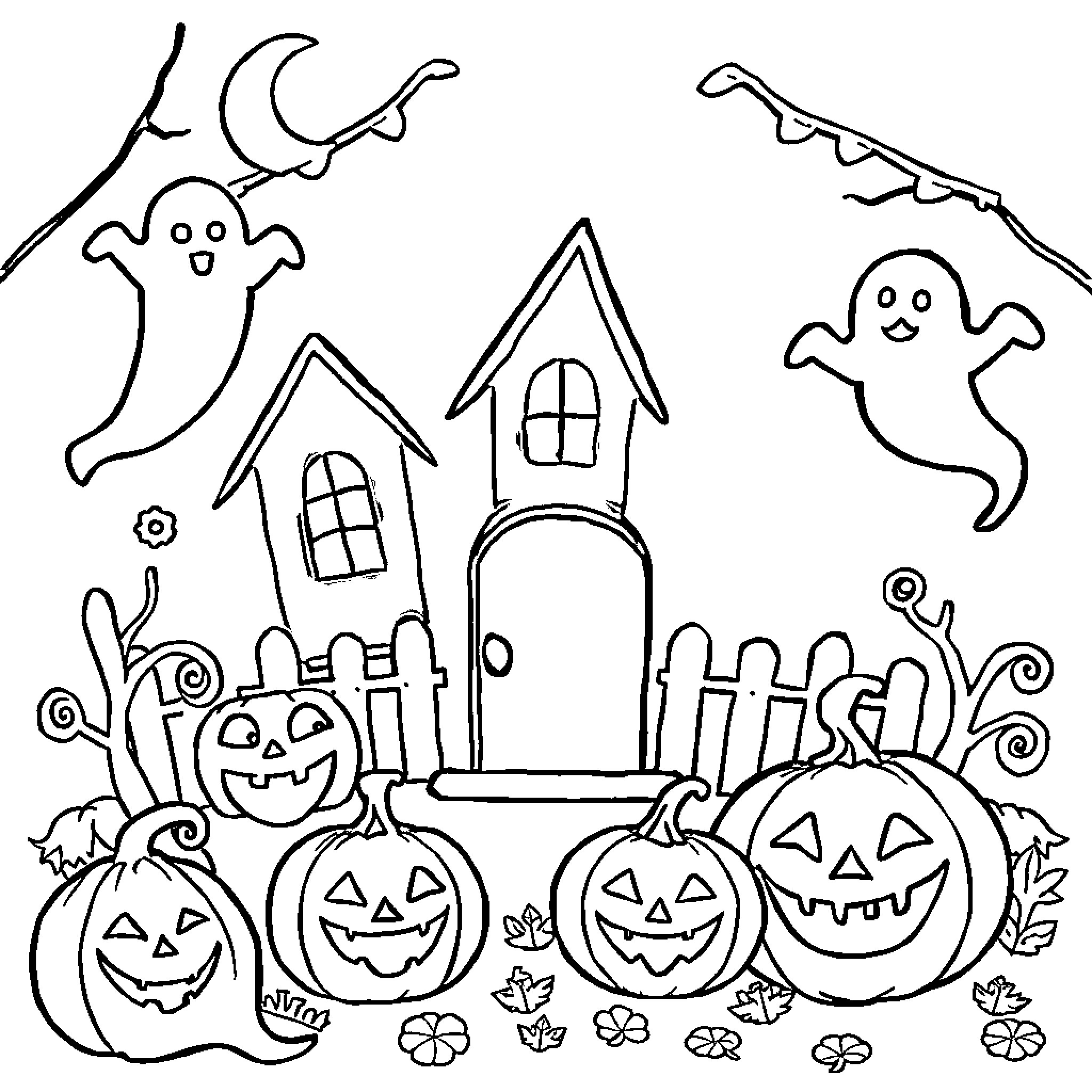 Halloween haunted house with spooky ghosts and jack-o'-lanterns Coloring Page (free black-and-white line drawing printable PDF for all, from beginners to advanced learners, including children, teens, adults, and seniors)