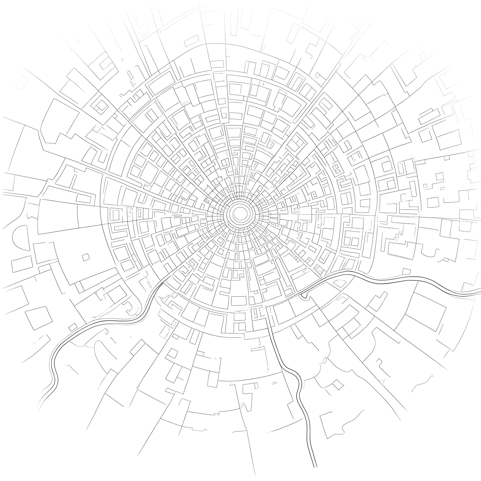 Map of a city with a radial street pattern Coloring Page (free black-and-white line drawing printable PDF for all, from beginners to advanced learners, including children, teens, adults, and seniors)
