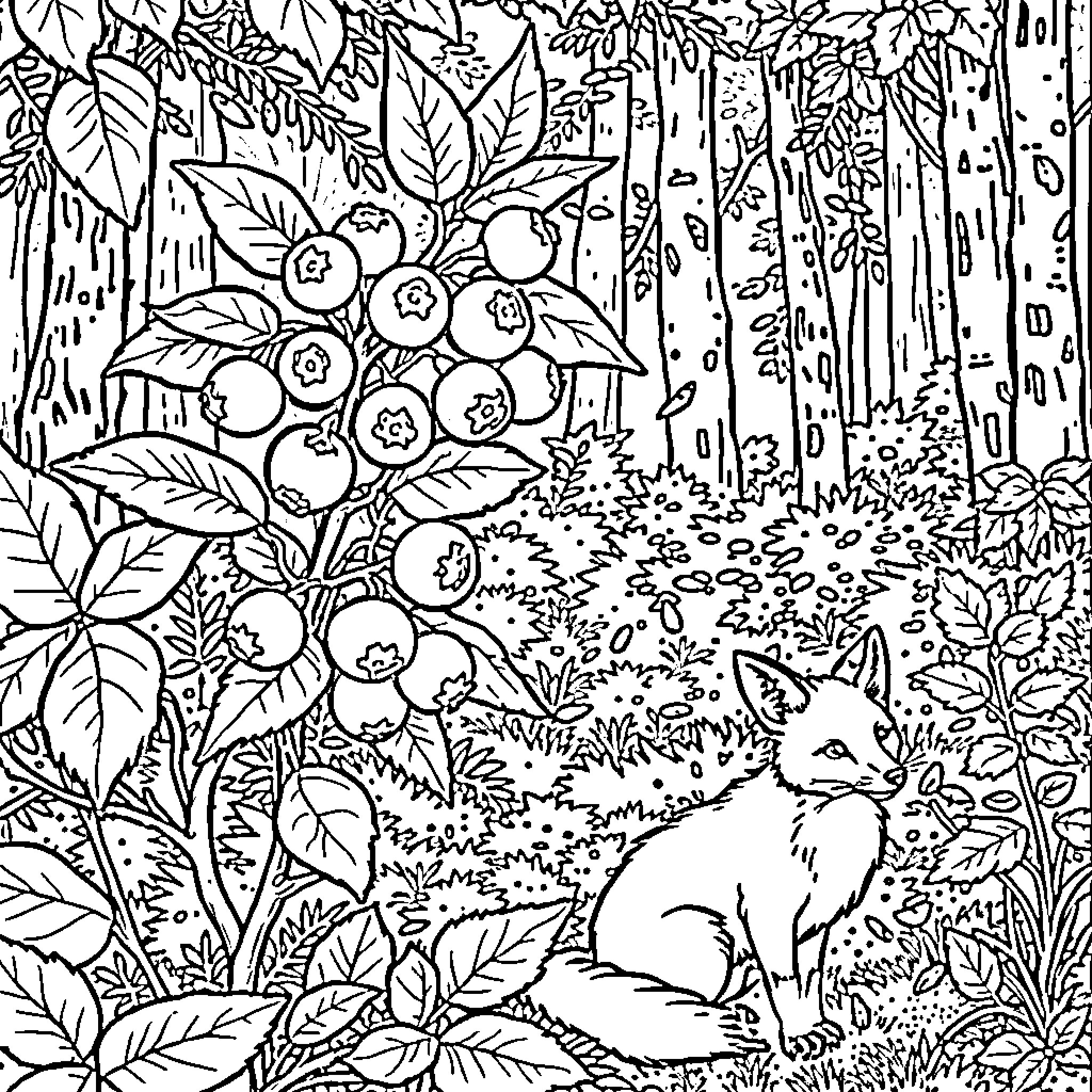 Blueberry forest with curious cat Coloring Page (free black-and-white line drawing printable PDF for all, from beginners to advanced learners, including children, teens, adults, and seniors)