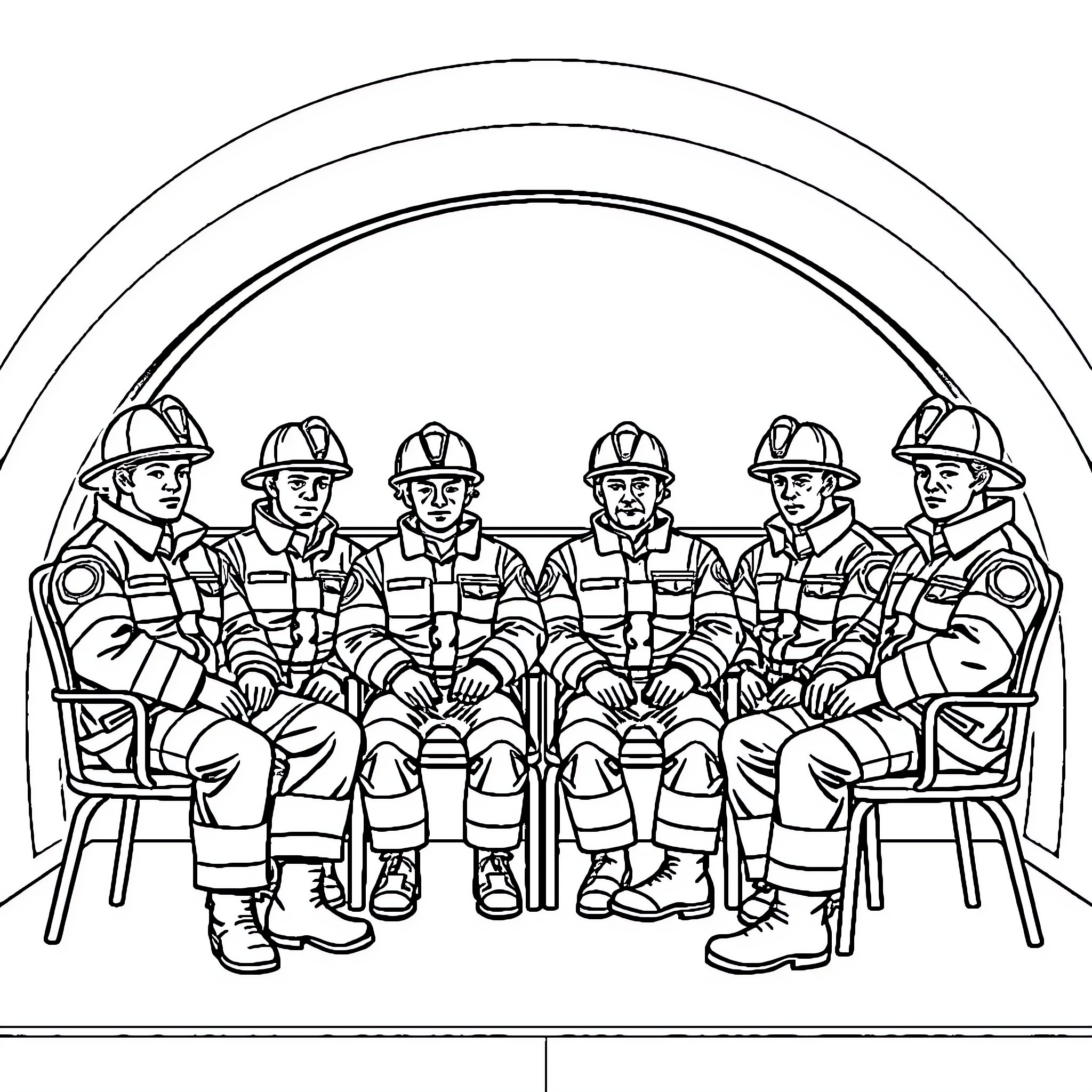 Firefighters in Uniform Sitting Together Coloring Page (free black-and-white line drawing printable PDF for all, from beginners to advanced learners, including children, teens, adults, and seniors)
