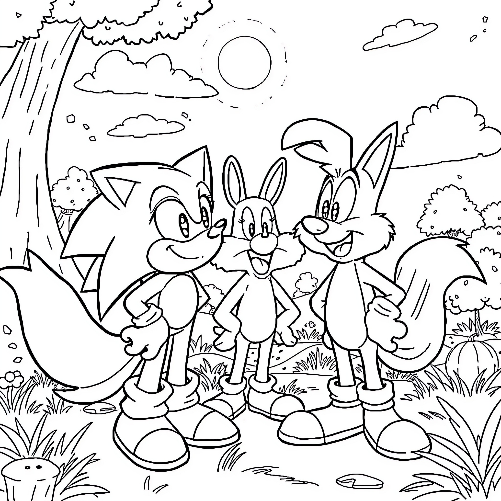 Sonic and Friends Explore the Enchanting Outdoor Scene Coloring Page (free black-and-white line drawing printable PDF for all, from beginners to advanced learners, including children, teens, adults, and seniors)