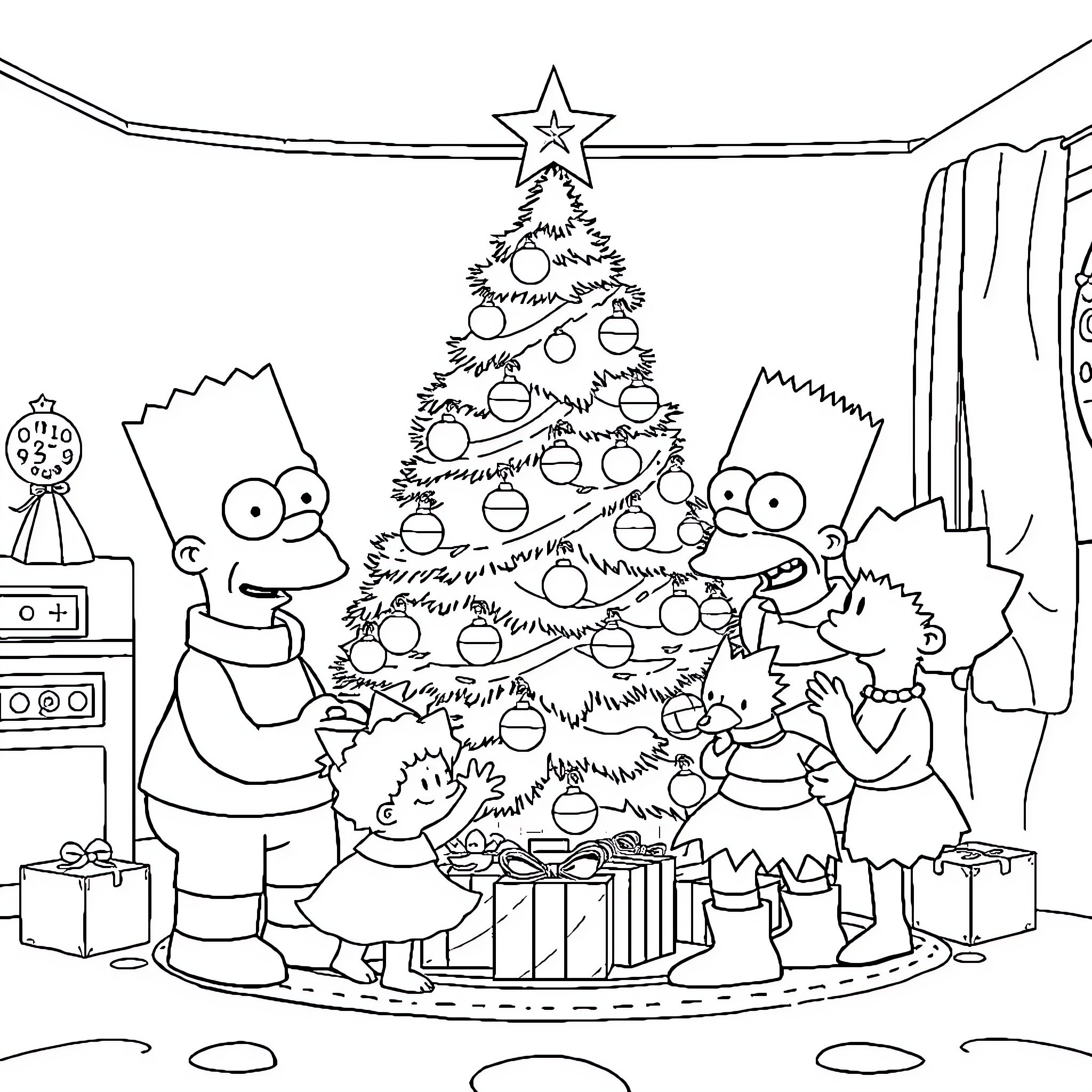 Simpson Family Decorates Christmas Tree Together Coloring Page (free black-and-white line drawing printable PDF for all, from beginners to advanced learners, including children, teens, adults, and seniors)