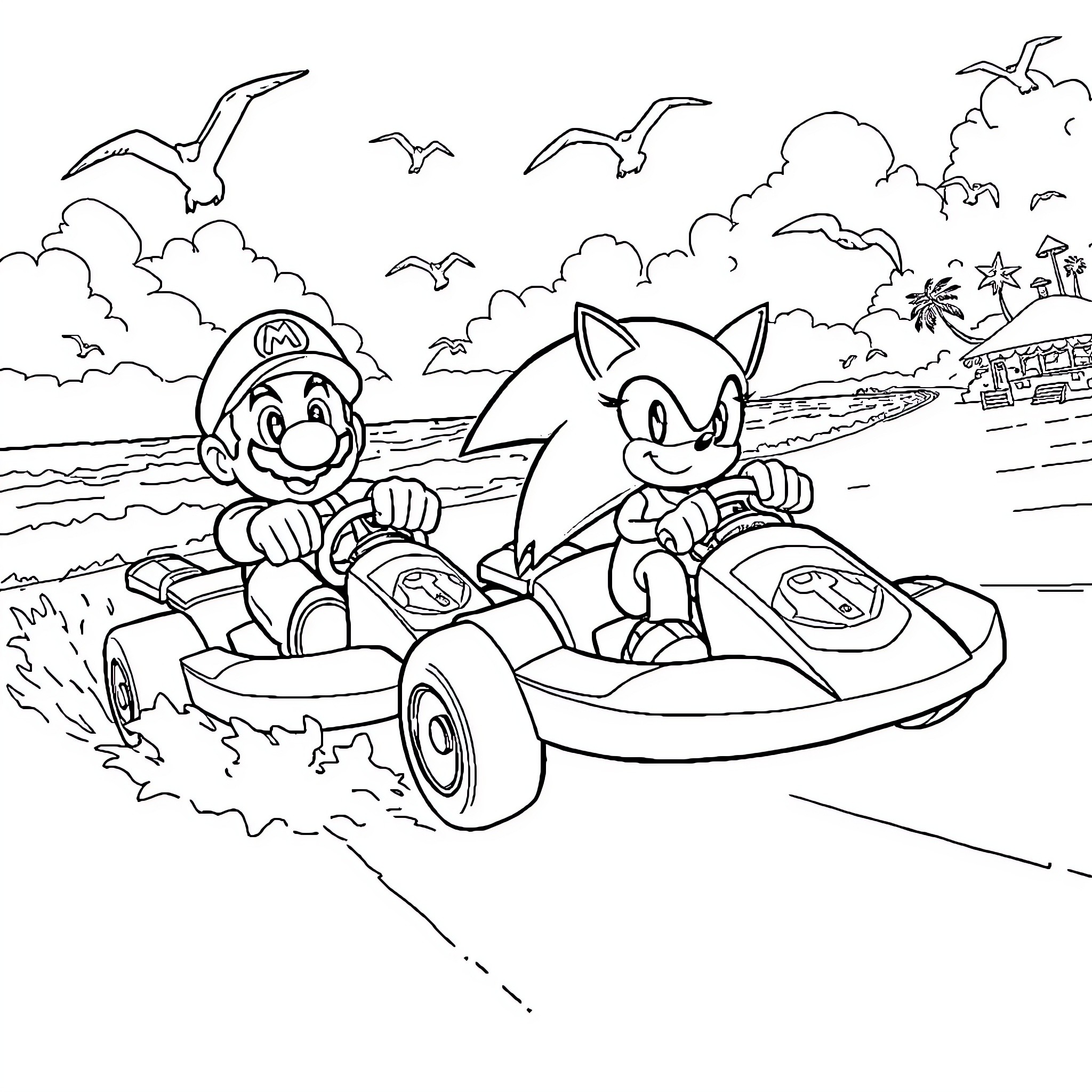 Mario and Sonic go-karting on the beach Coloring Page (free black-and-white line drawing printable PDF for all, from beginners to advanced learners, including children, teens, adults, and seniors)