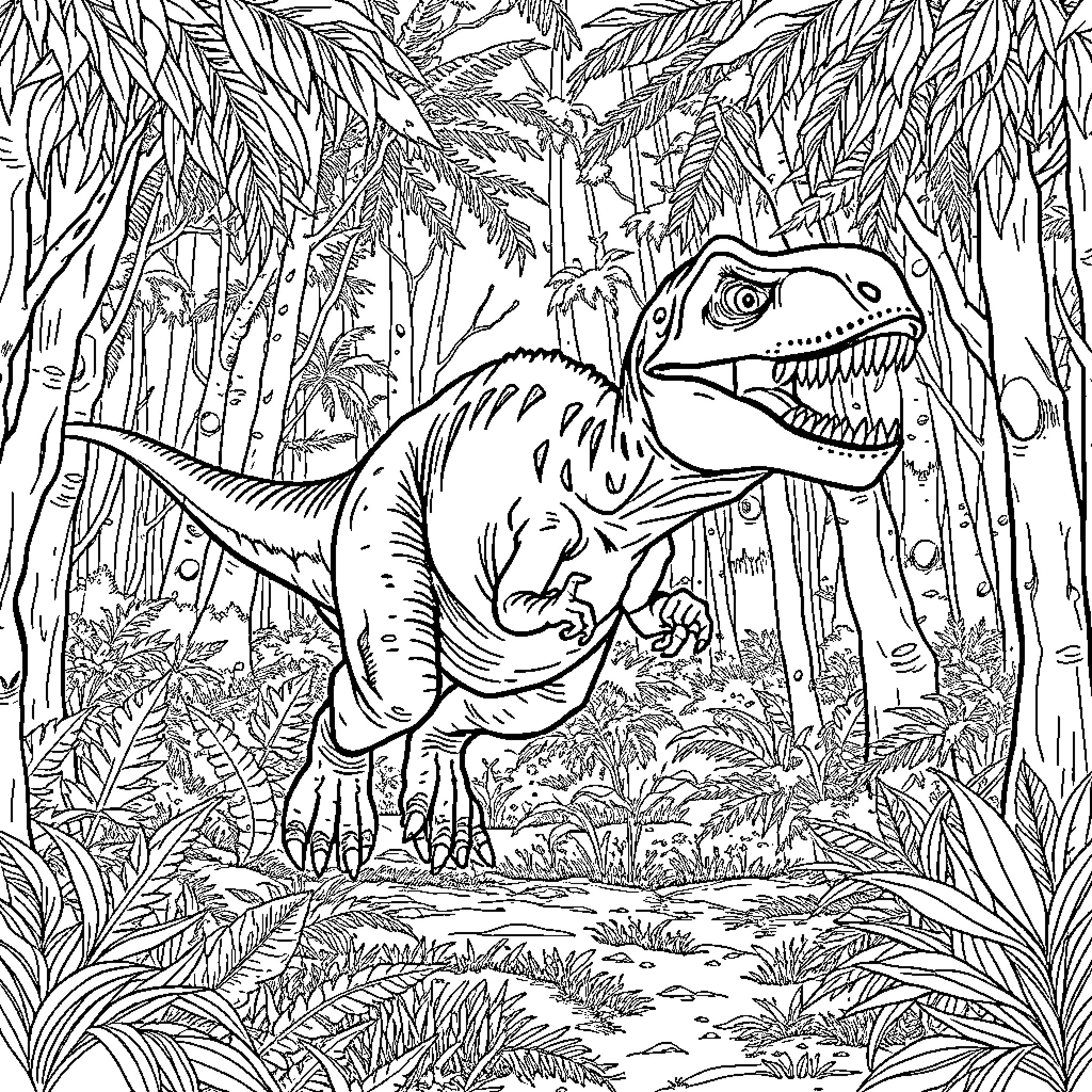 T-Rex roaming through the lush jungle foliage Coloring Page (free black-and-white line drawing printable PDF for all, from beginners to advanced learners, including children, teens, adults, and seniors)