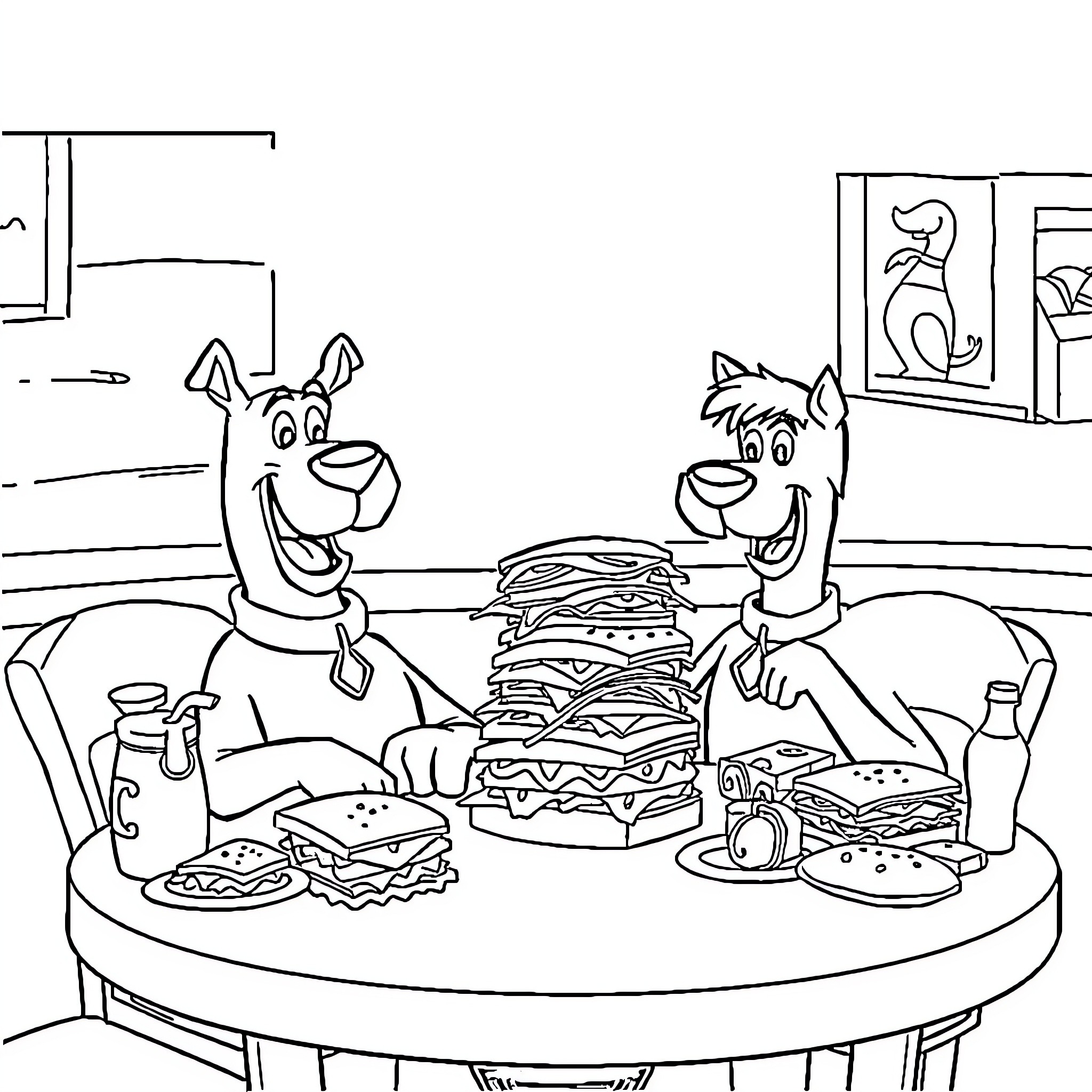 Scooby Doo and Shaggy enjoying a massive sandwich feast Coloring Page (free black-and-white line drawing printable PDF for all, from beginners to advanced learners, including children, teens, adults, and seniors)