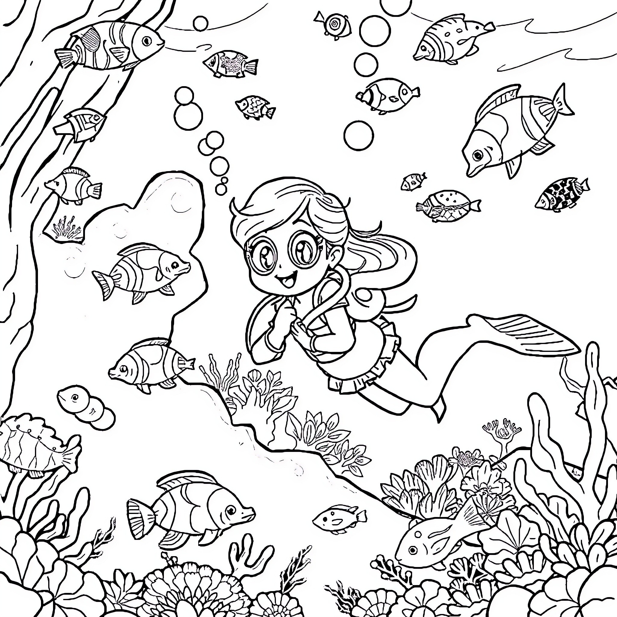 Stella's Underwater Adventure with Marine Life Coloring Page (free black-and-white line drawing printable PDF for all, from beginners to advanced learners, including children, teens, adults, and seniors)
