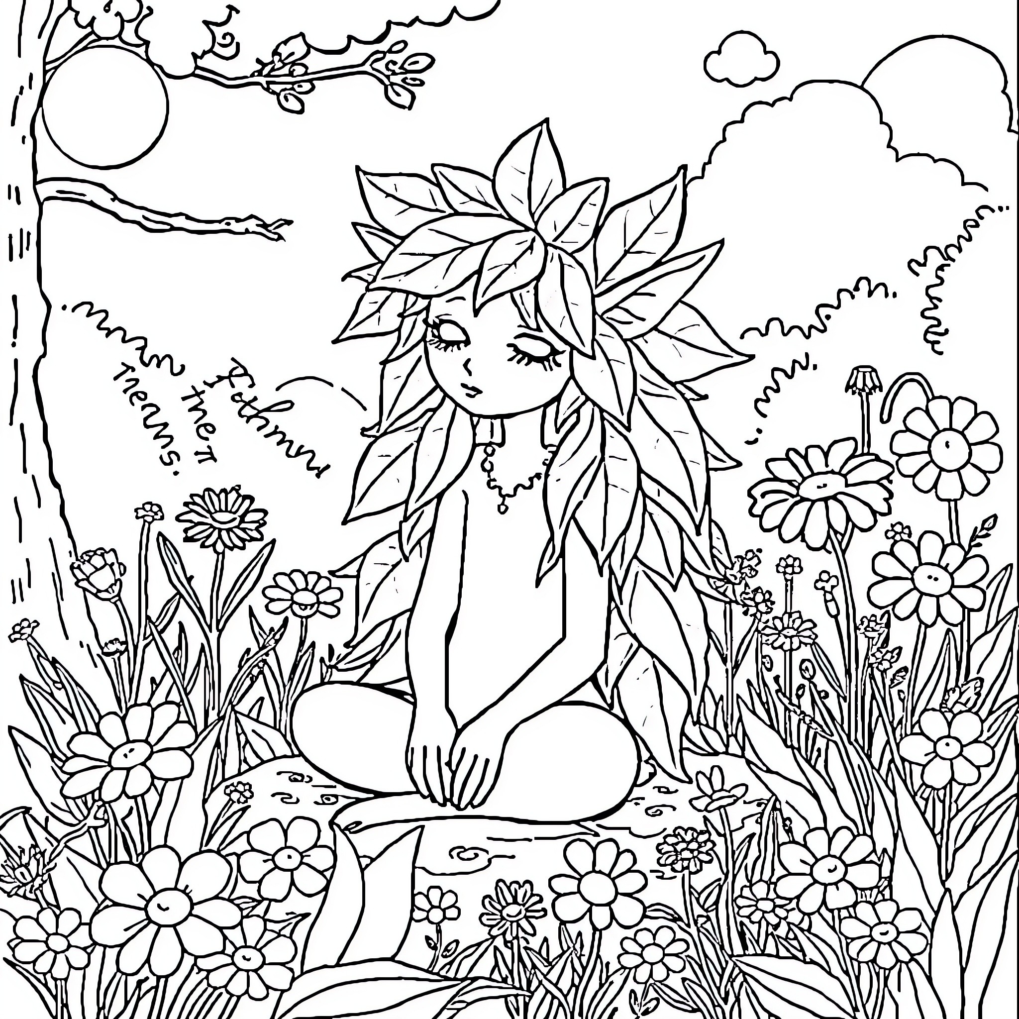 Forest Spirit meditating amidst nature's beauty Coloring Page (free black-and-white line drawing printable PDF for all, from beginners to advanced learners, including children, teens, adults, and seniors)