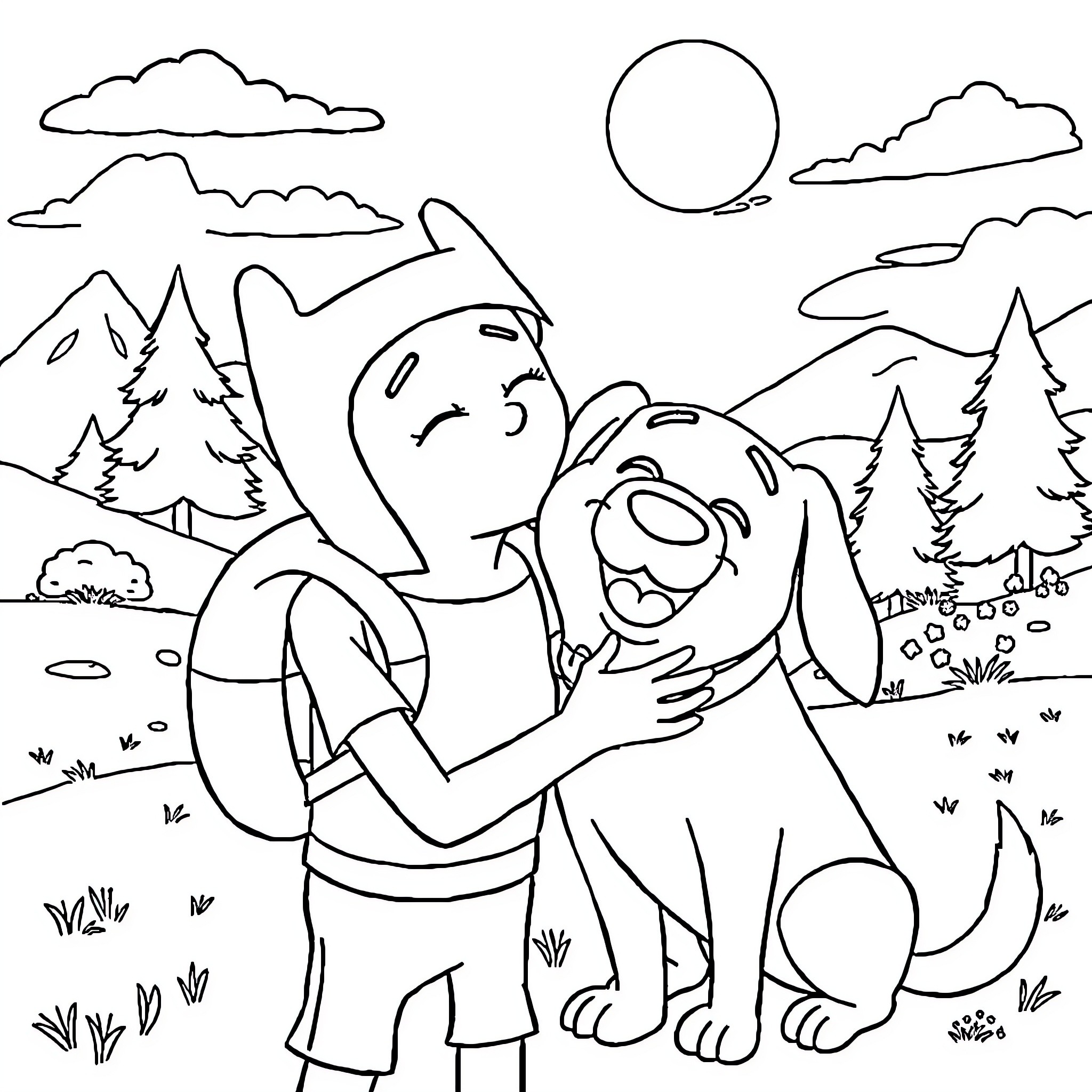 Finn playing with dog in nature Coloring Page (free black-and-white line drawing printable PDF for all, from beginners to advanced learners, including children, teens, adults, and seniors)