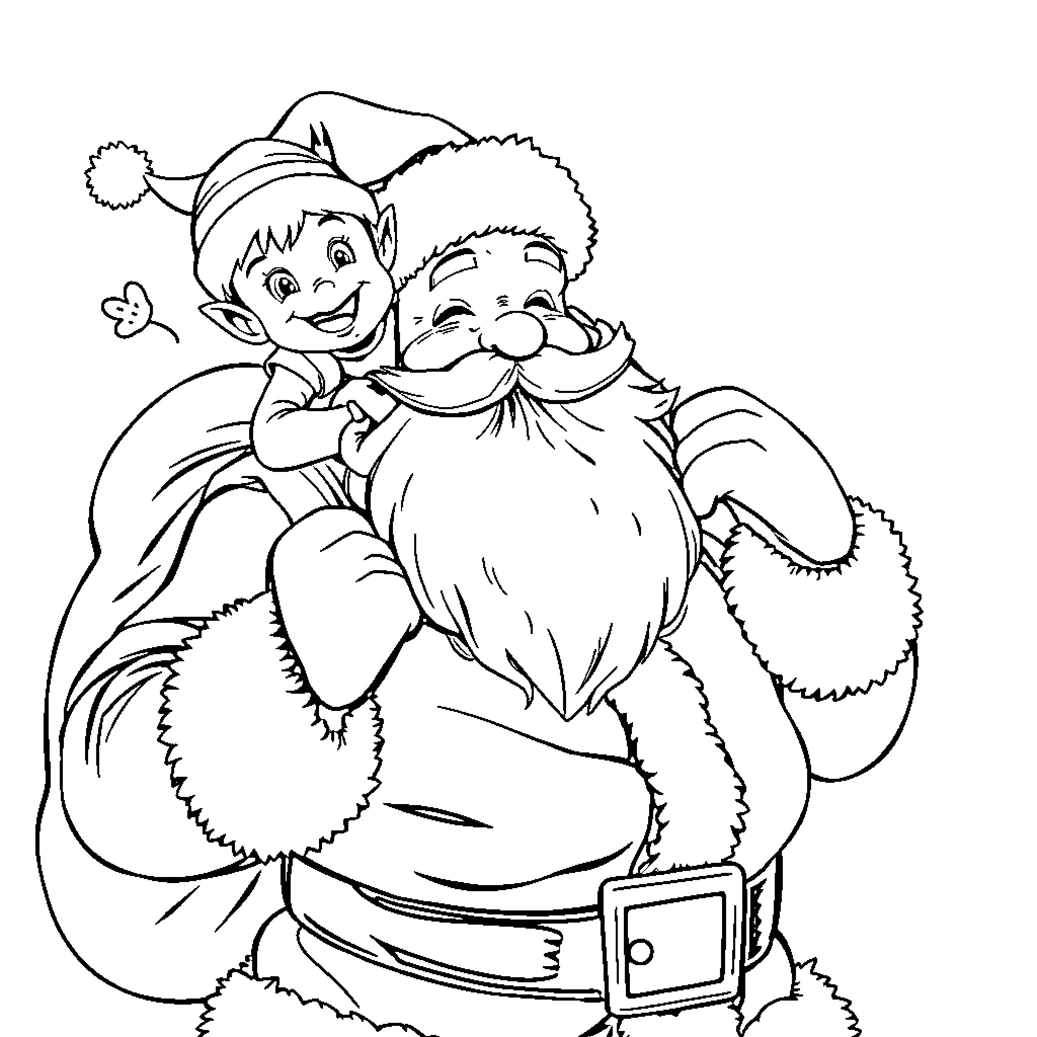 Santa's Helper and Jolly Santa Coloring Page (free black-and-white line drawing printable PDF for all, from beginners to advanced learners, including children, teens, adults, and seniors)