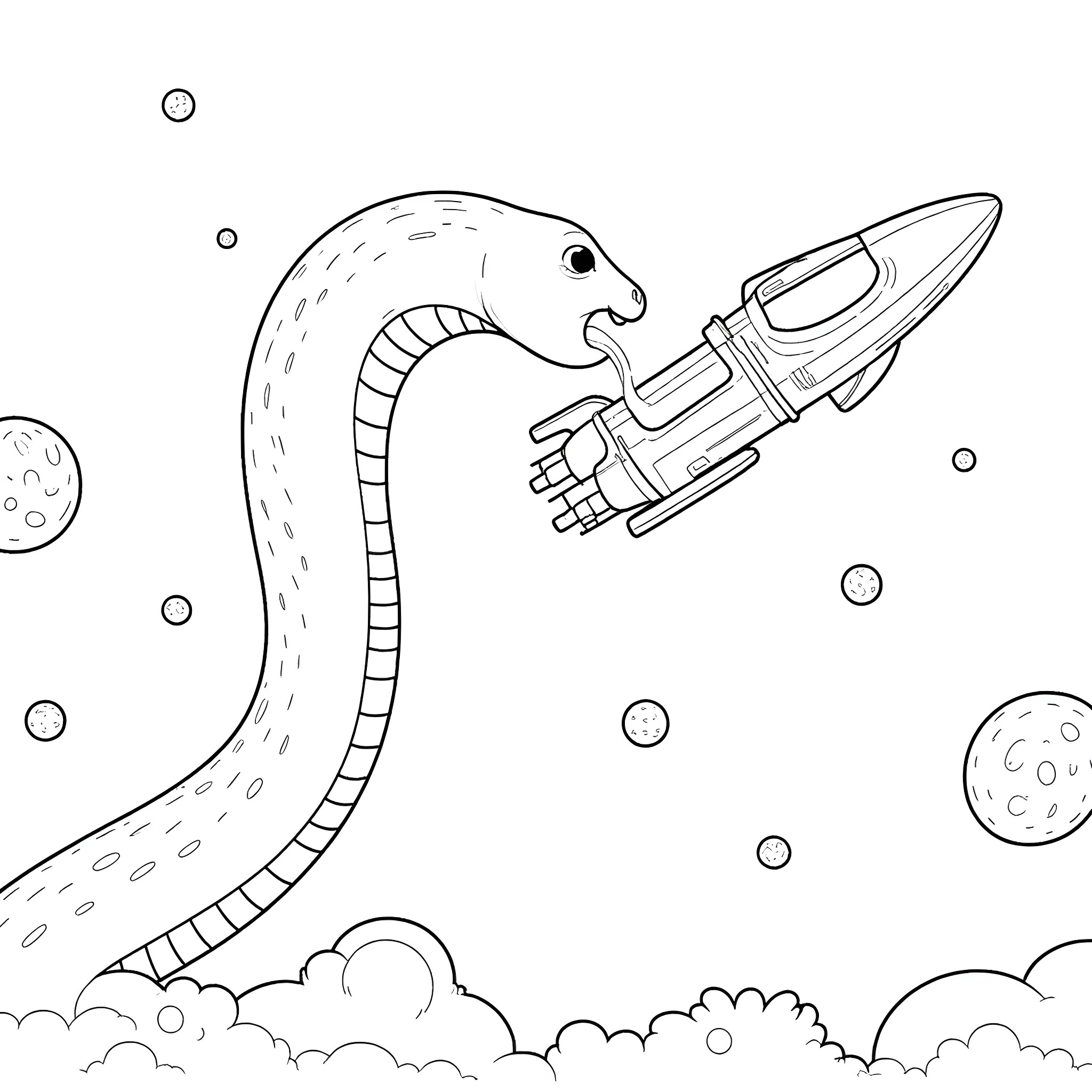 Worm riding a rocket ship through space Coloring Page (free black-and-white line drawing printable PDF for all, from beginners to advanced learners, including children, teens, adults, and seniors)