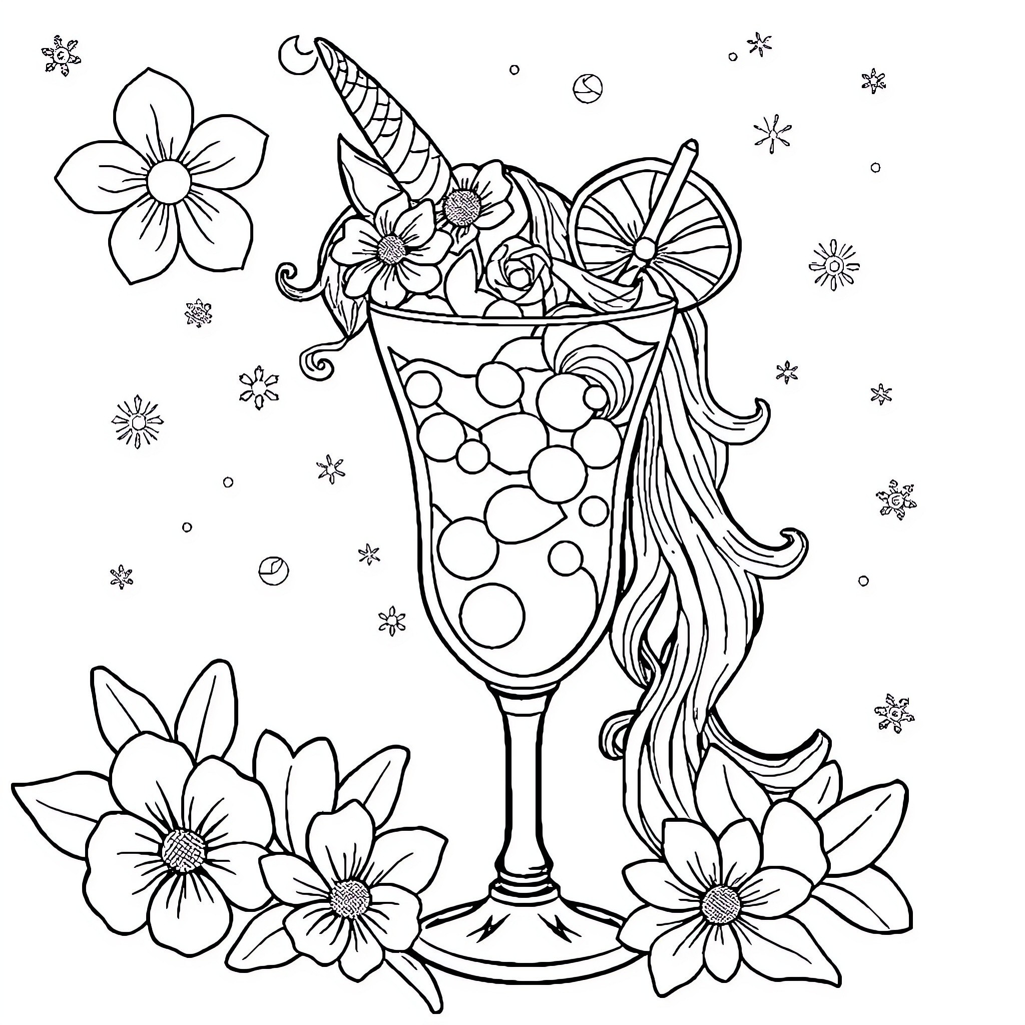 Unicorn Cocktail with Floral Garnish Coloring Page (free black-and-white line drawing printable PDF for all, from beginners to advanced learners, including children, teens, adults, and seniors)