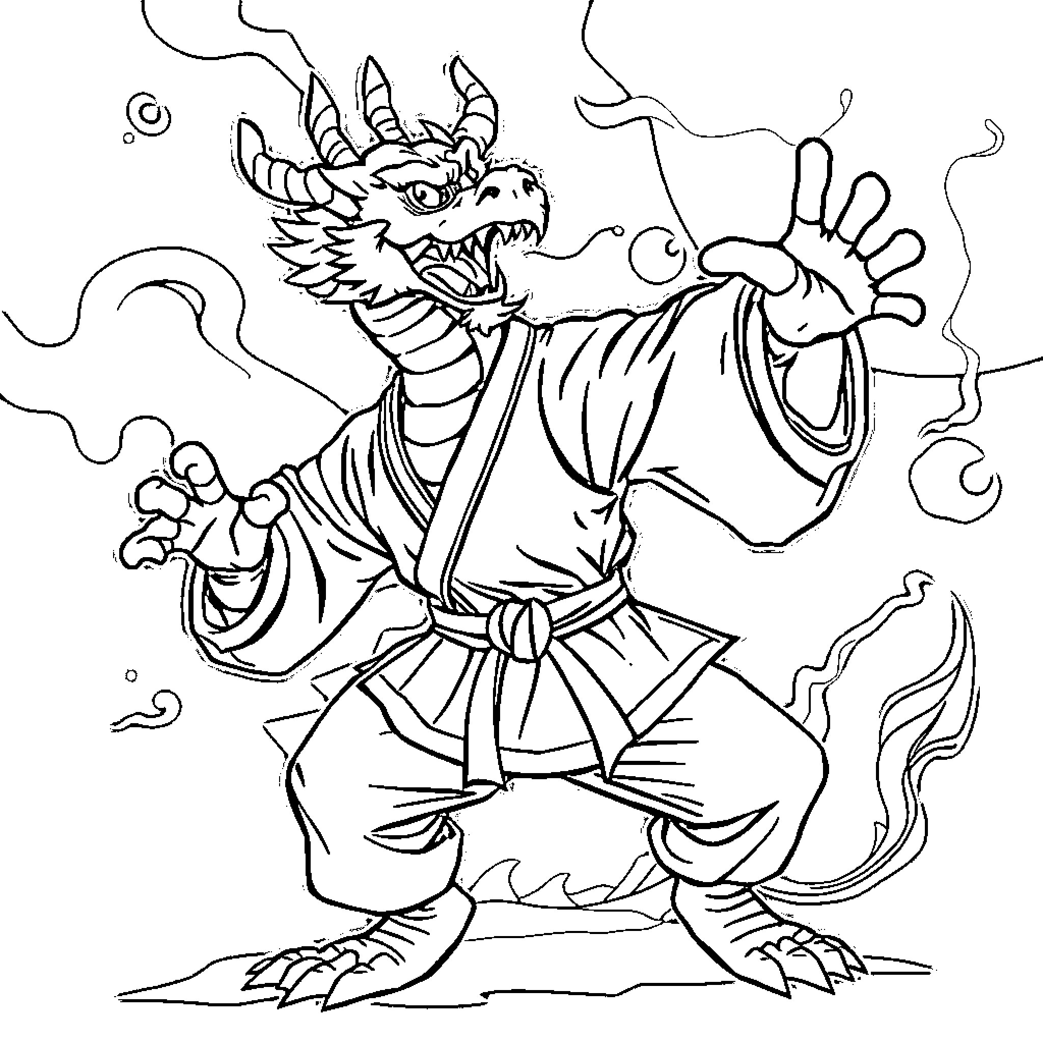 Dragon Warrior in Fierce Battle Stance Coloring Page (free black-and-white line drawing printable PDF for all, from beginners to advanced learners, including children, teens, adults, and seniors)