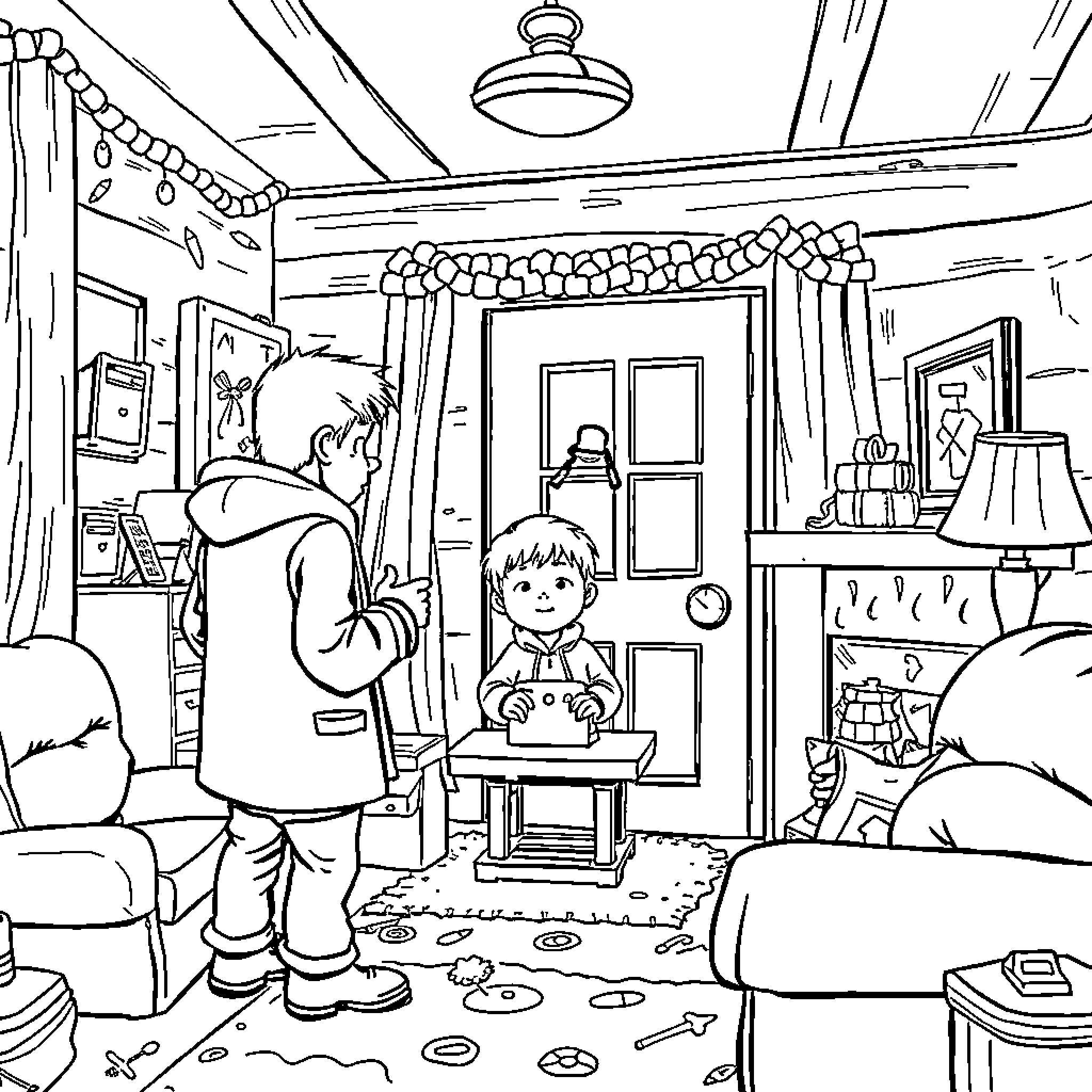 Kevin helping with chores in a messy living room Coloring Page (free black-and-white line drawing printable PDF for all, from beginners to advanced learners, including children, teens, adults, and seniors)