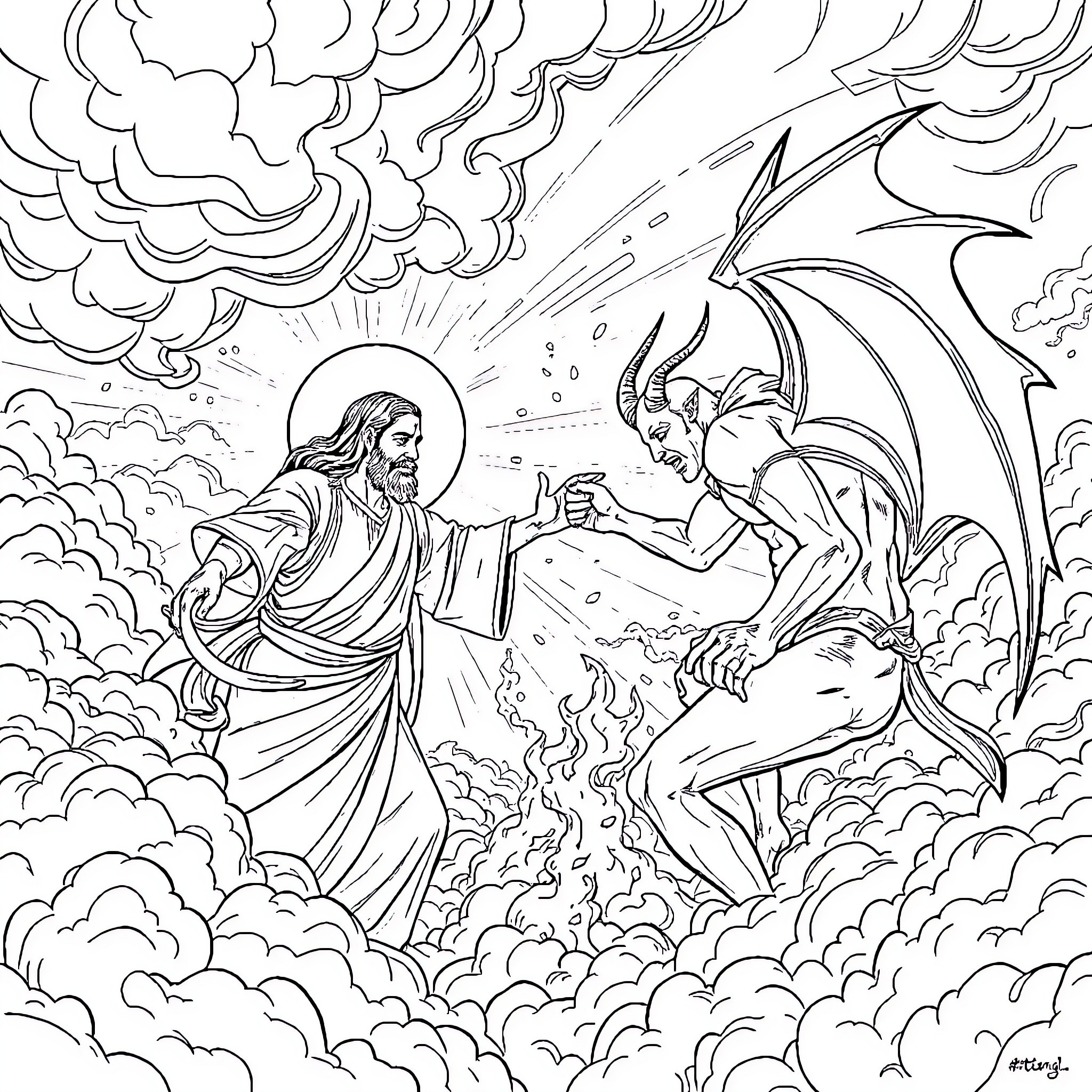 Jesus Confronting and Rebuking the Devil Coloring Page (free black-and-white line drawing printable PDF for all, from beginners to advanced learners, including children, teens, adults, and seniors)
