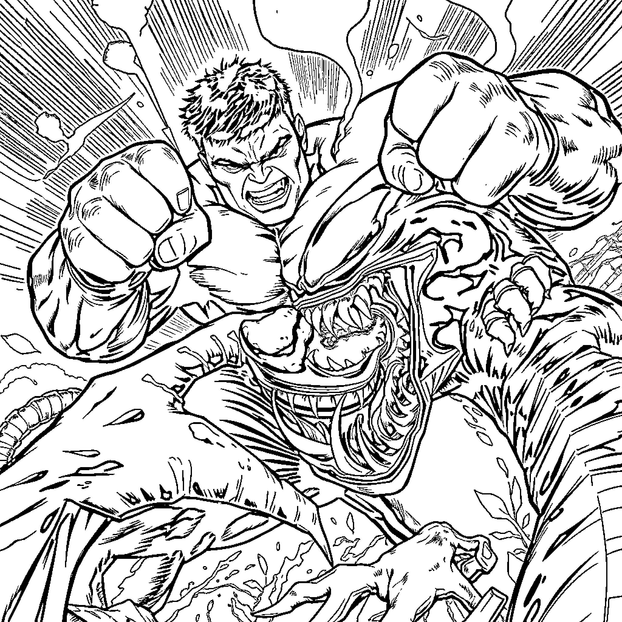 Hulk Smashing Through Destruction with Intense Fury Coloring Page (free black-and-white line drawing printable PDF for all, from beginners to advanced learners, including children, teens, adults, and seniors)