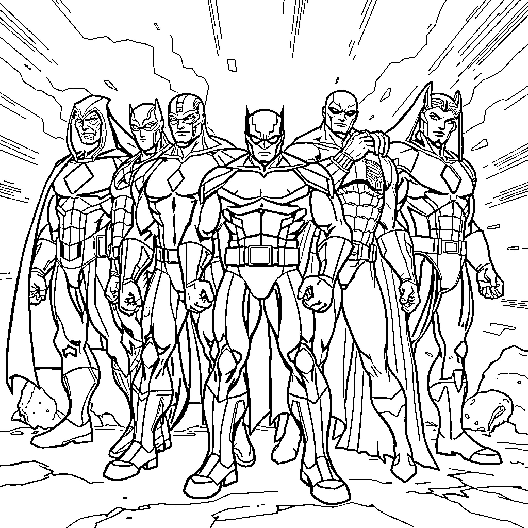 Superhero Team Assembles for Action Coloring Page (free black-and-white line drawing printable PDF for all, from beginners to advanced learners, including children, teens, adults, and seniors)